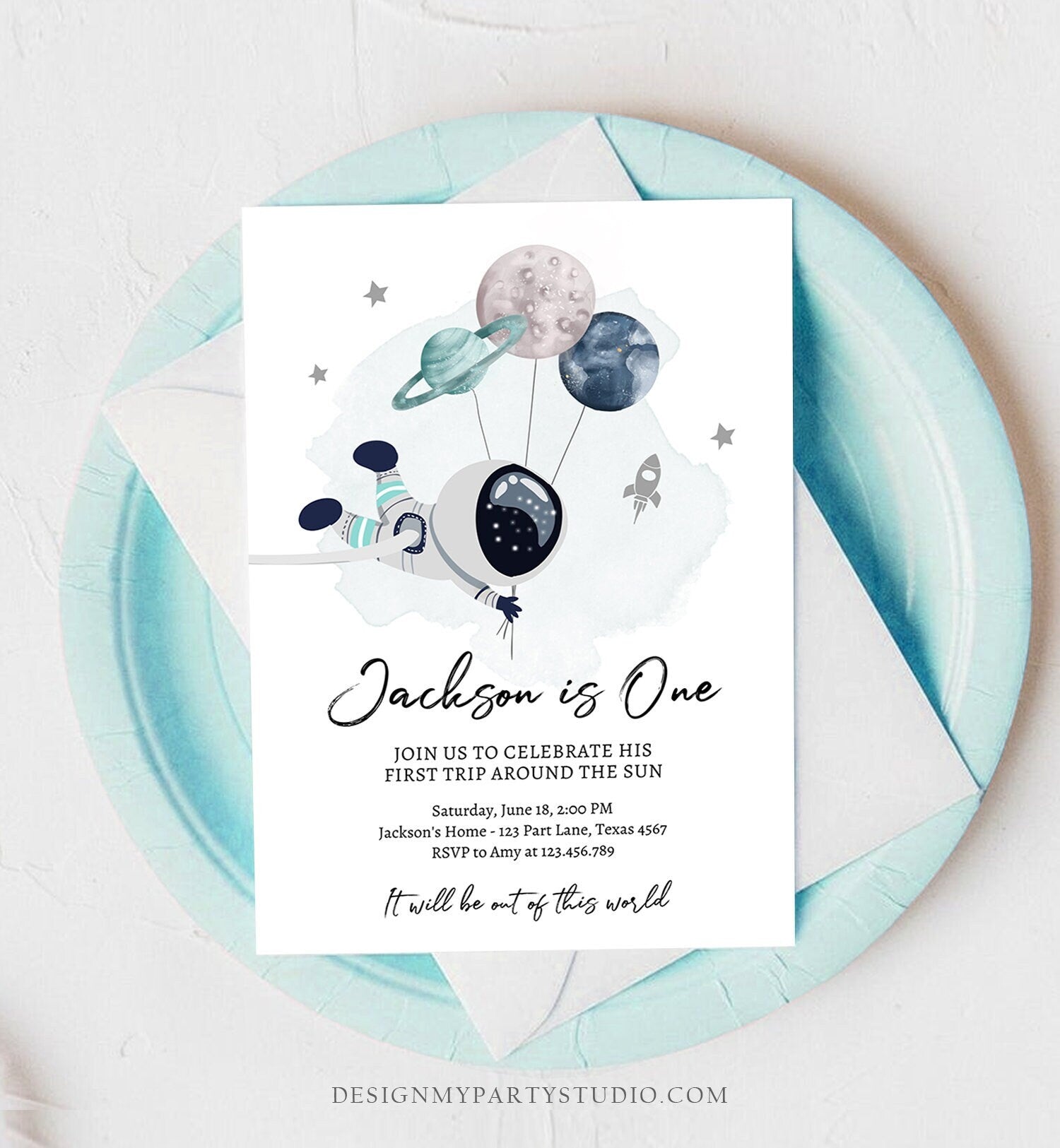 Editable Outer Space Birthday Invitation Out of this World Astronaut Trip Around the Sun Digital Download Evite Template Printable 0366