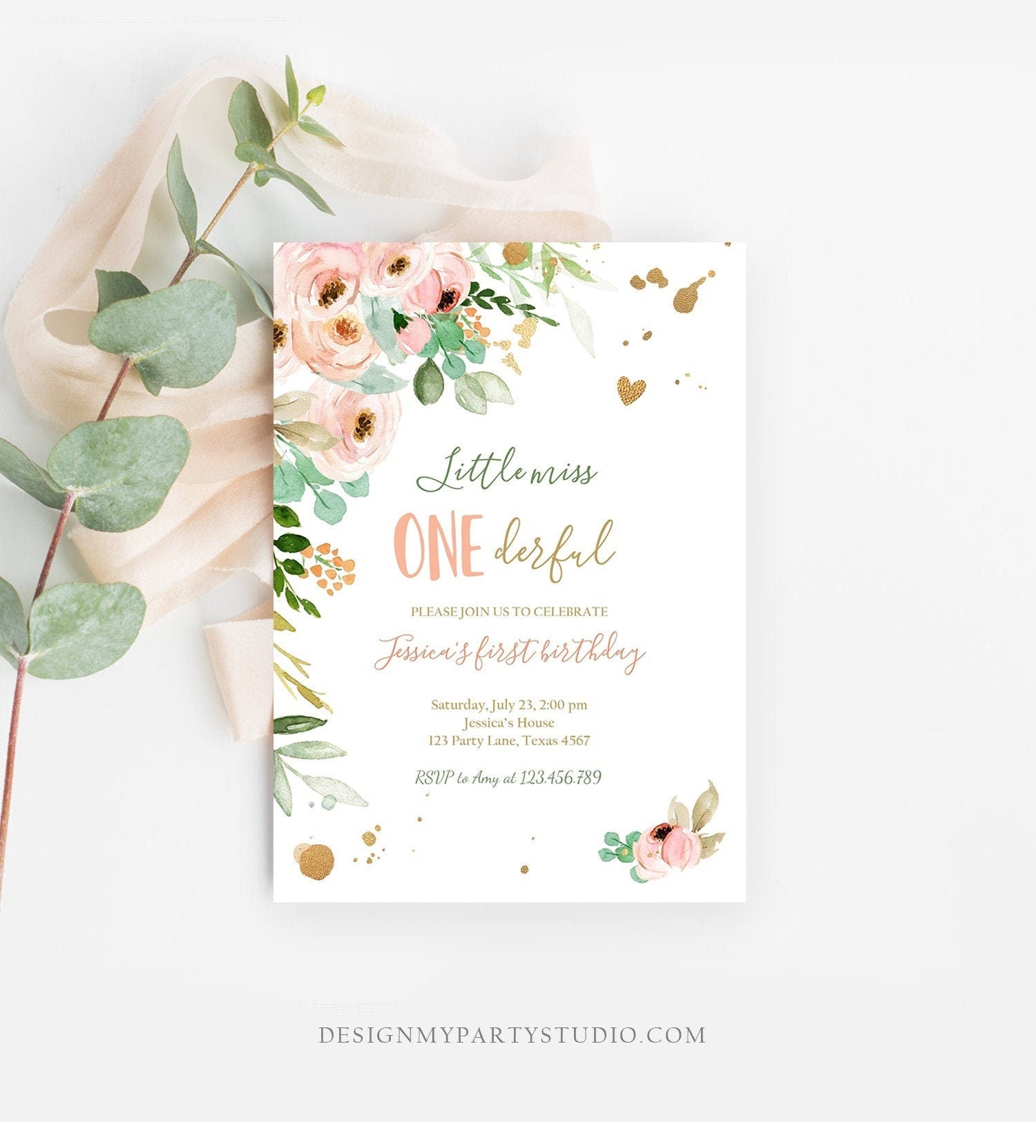 Editable Little Miss Onederful Birthday Invitation 1st First Birthday Girl Pink Gold Floral Digital Download Evite Template Printable 0147