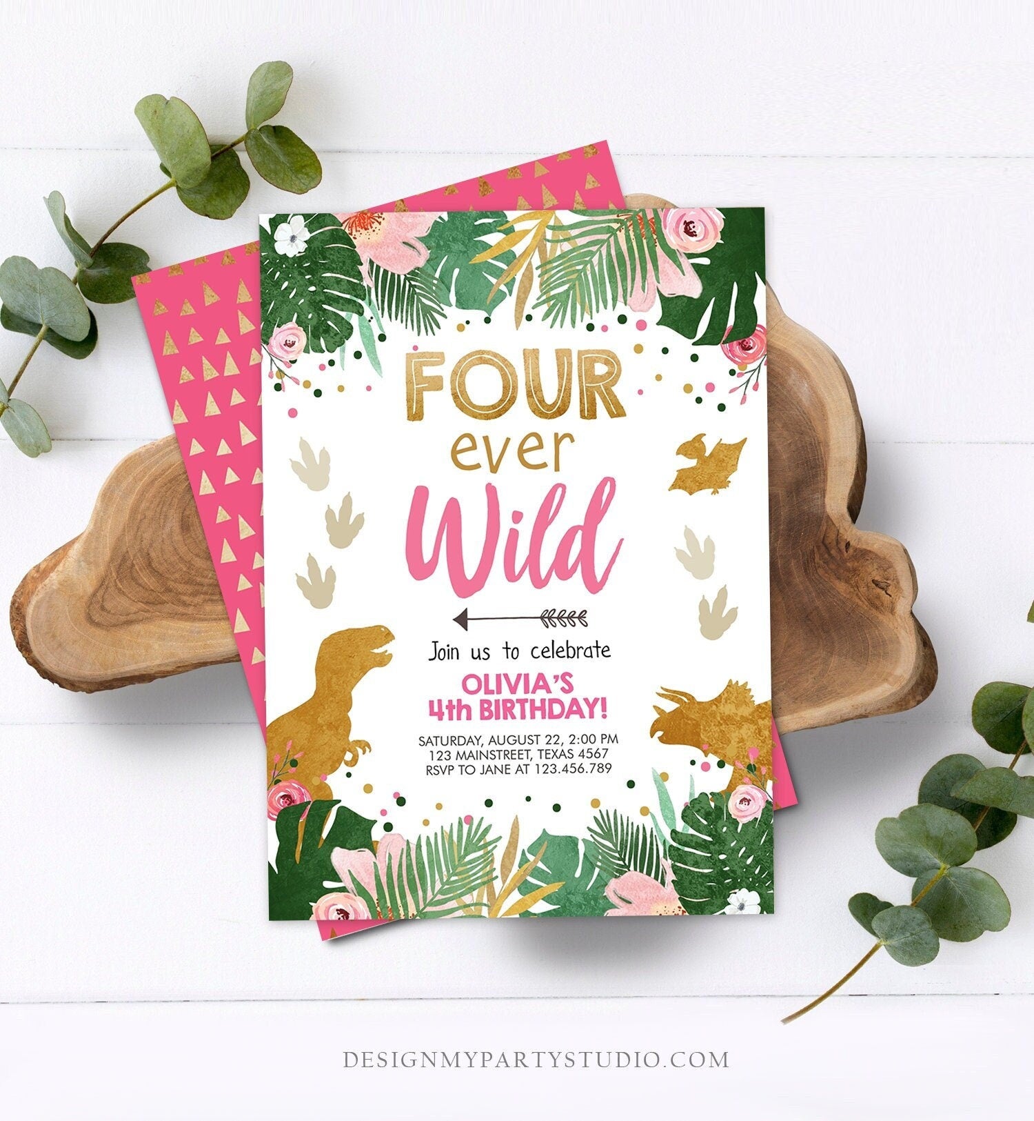 Editable Four Ever Wild Birthday Invitation Dinosaur Dino Party Girl 4th Fourth Birthday Pink Gold Fourever Digital Template Printable 0146