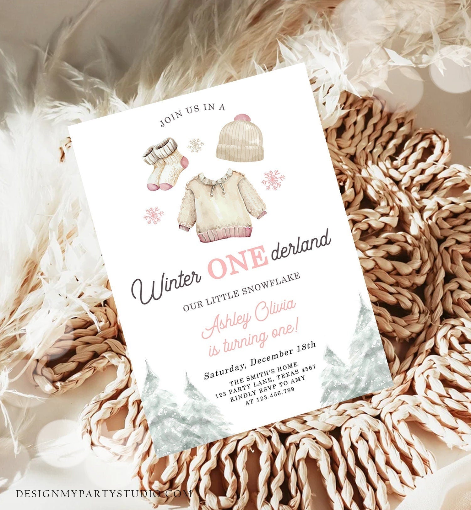 Editable Winter ONEderland Birthday Invitation First Birthday 1st Girl Pink Snow Tree Christmas Snowflake Digital Template Printable 0491