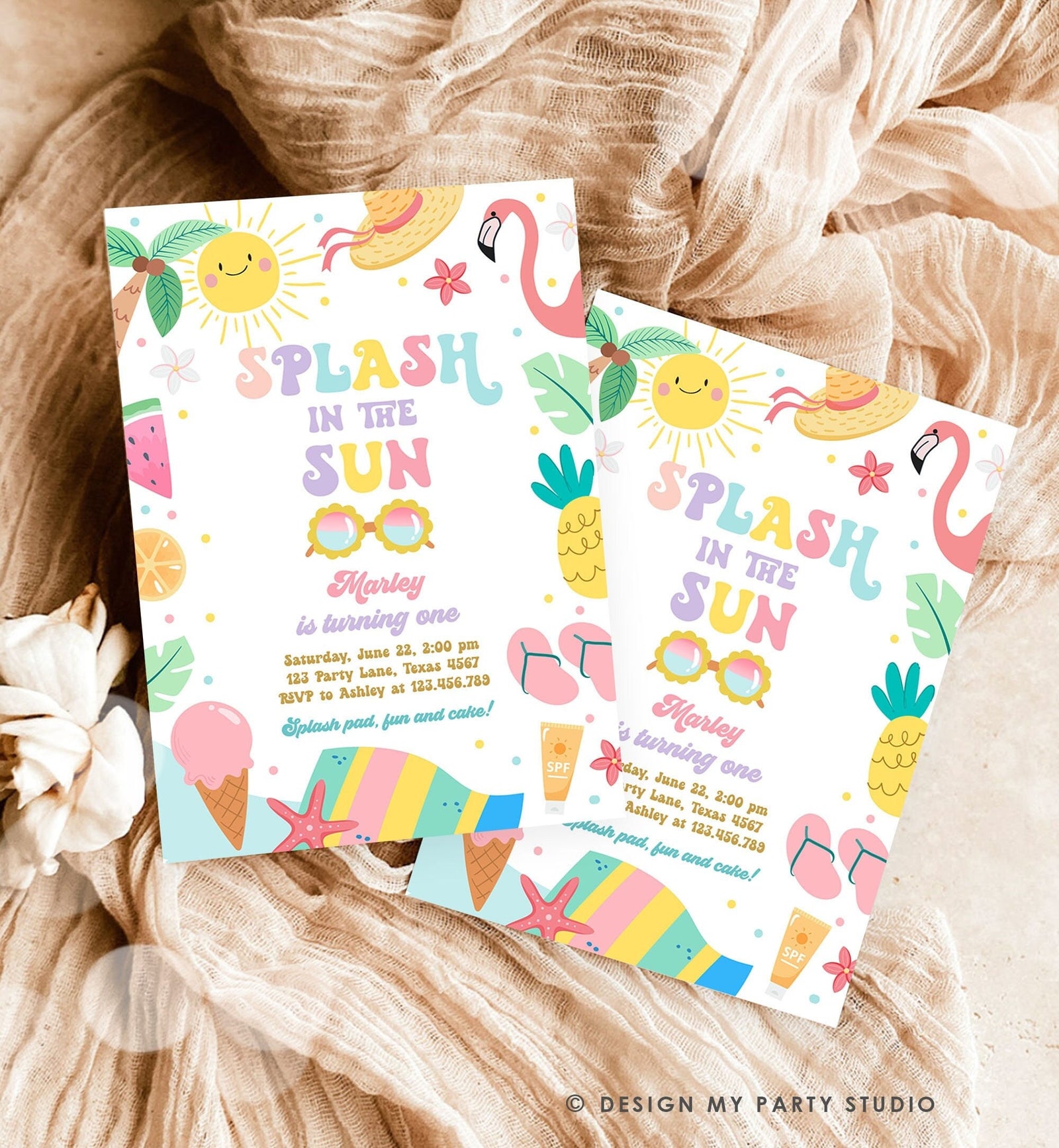 Editable Splash in the Sun 1st Birthday Invitation Pool Party Girl Summer Waterslide Splish Splash Tropical Digital Template Printable 0465