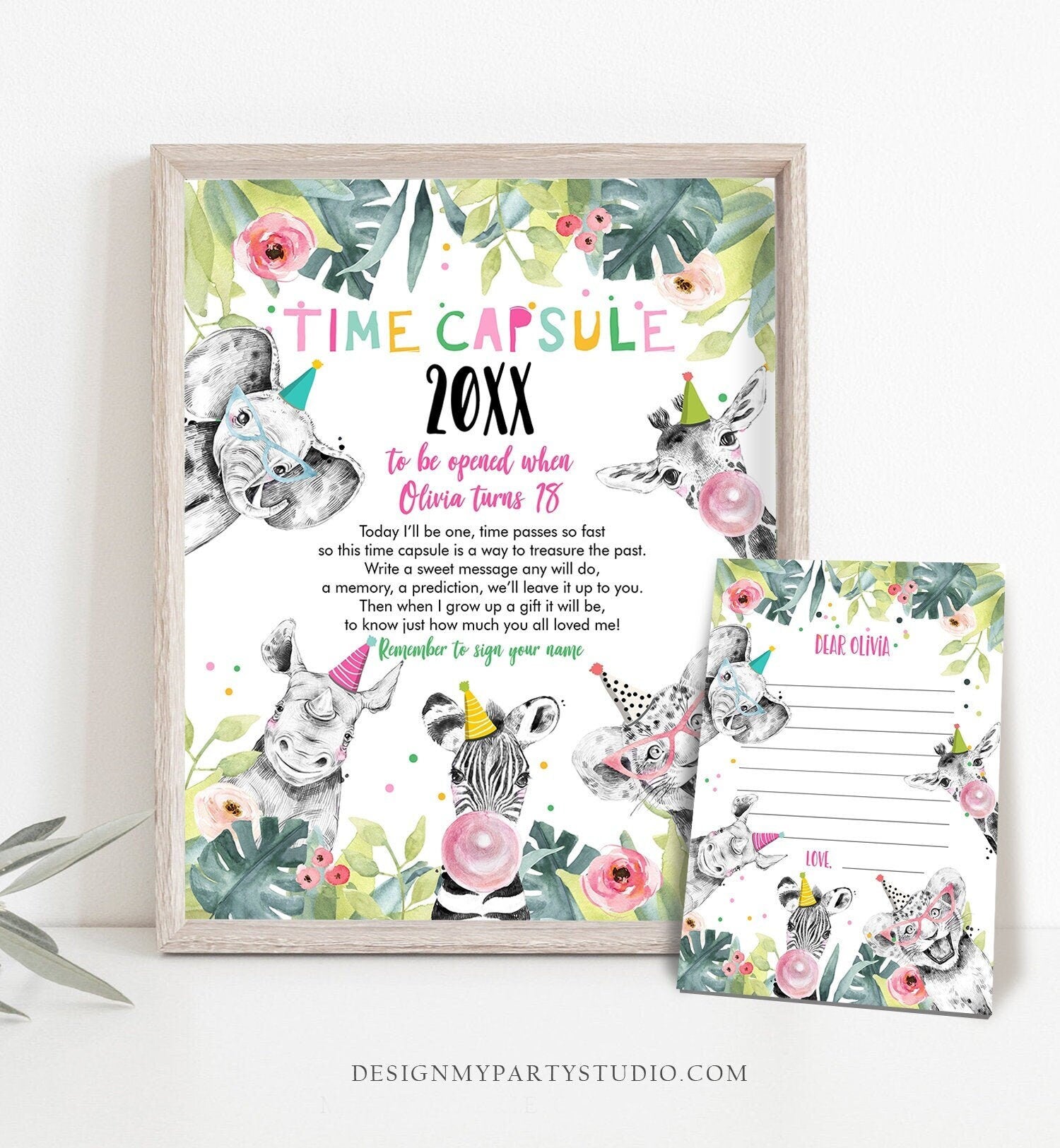 Editable Party Animals Time Capsule Girl Pink First Birthday Wild One First Birthday Zoo Safari Animals Digital Template Printable 0322