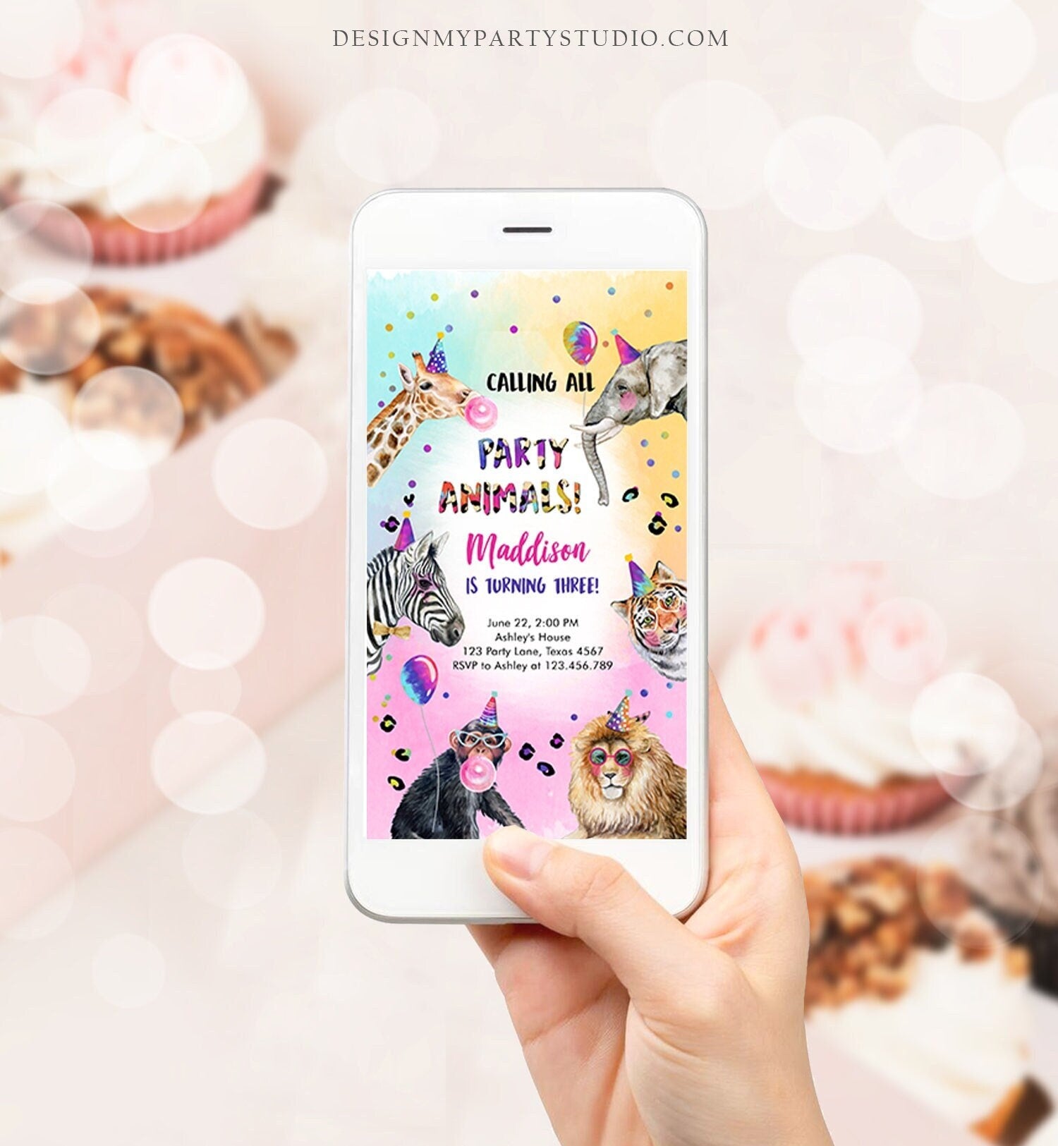 Editable Party Animals Birthday Evite Wild One Animals Invitation Zoo Safari Animals Girl Digital Download Evite Template 0461