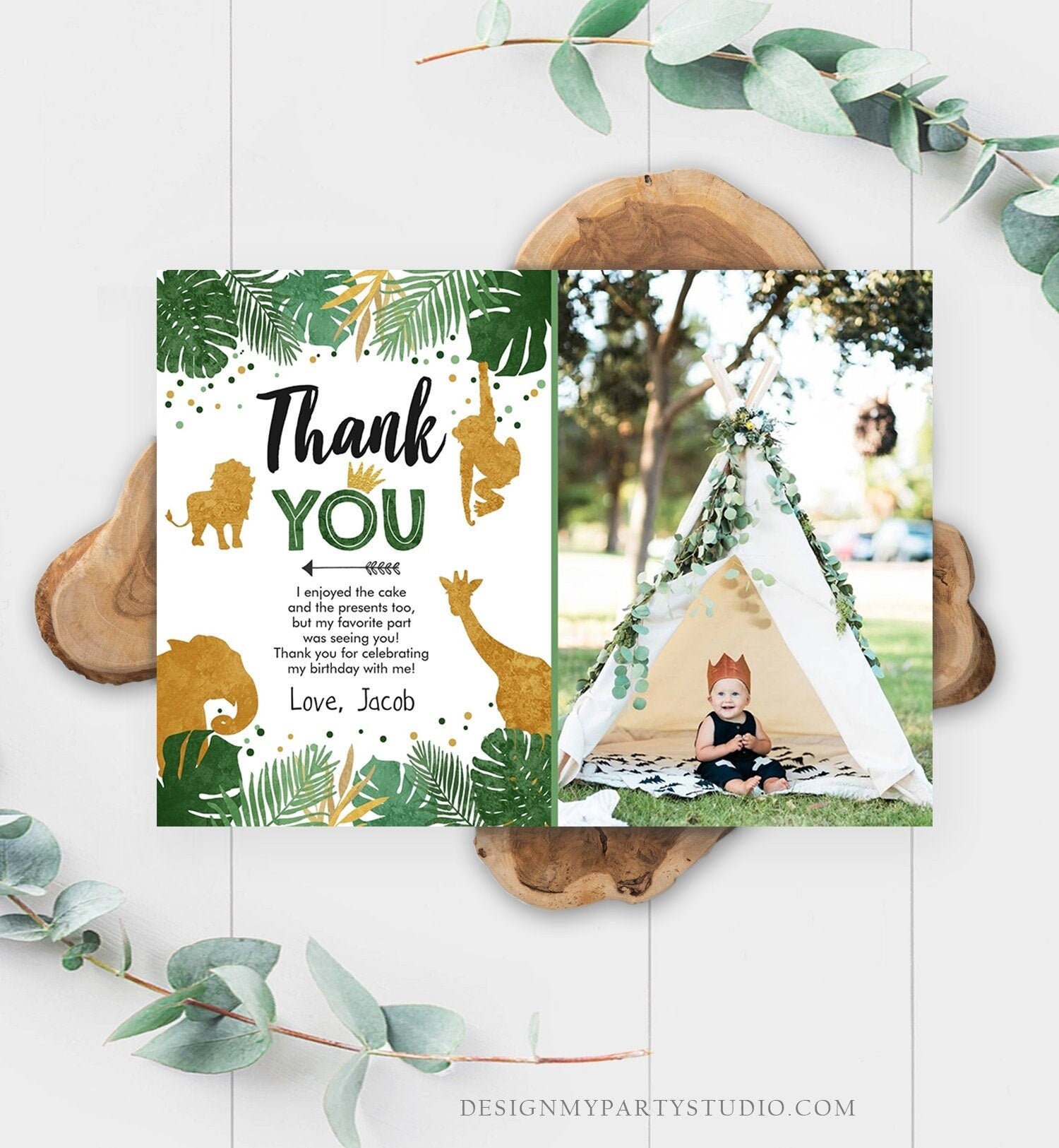 Editable Thank You Card Safari Animals Wild One Thank You Note Black Gold Photo Boy Zoo Animals Digital Evite Template Printable 0016