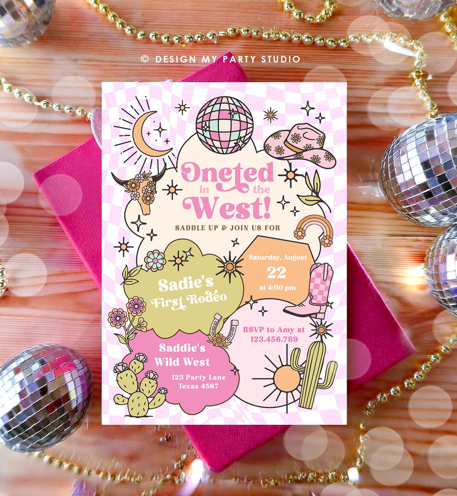 Editable One-ted In The West Cowgirl 1st Birthday Invitation Pink Disco Cowgirl Nashville Rodeo Space Digital Evite Template Printable 0519