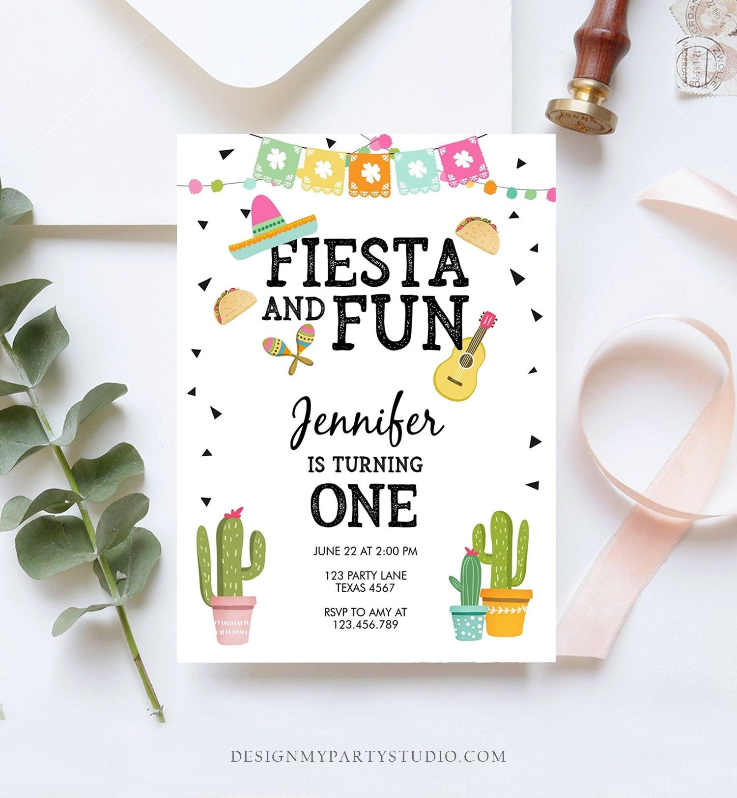 Editable Fiesta and Fun Birthday Invitation Girl First Fiesta Cactus Sombrero Mexican Digital Download Evite Template Printable 0161