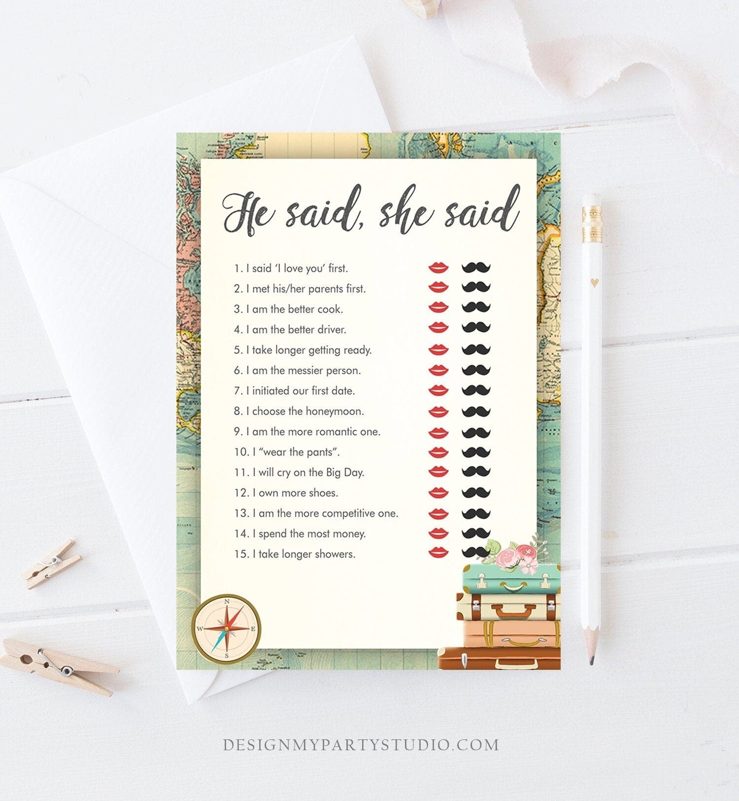 Editable He Said She Said Bridal Shower Game Travel Bride or Groom Wedding Shower Who Said it Game Adventure Corjl Template Printable 0044