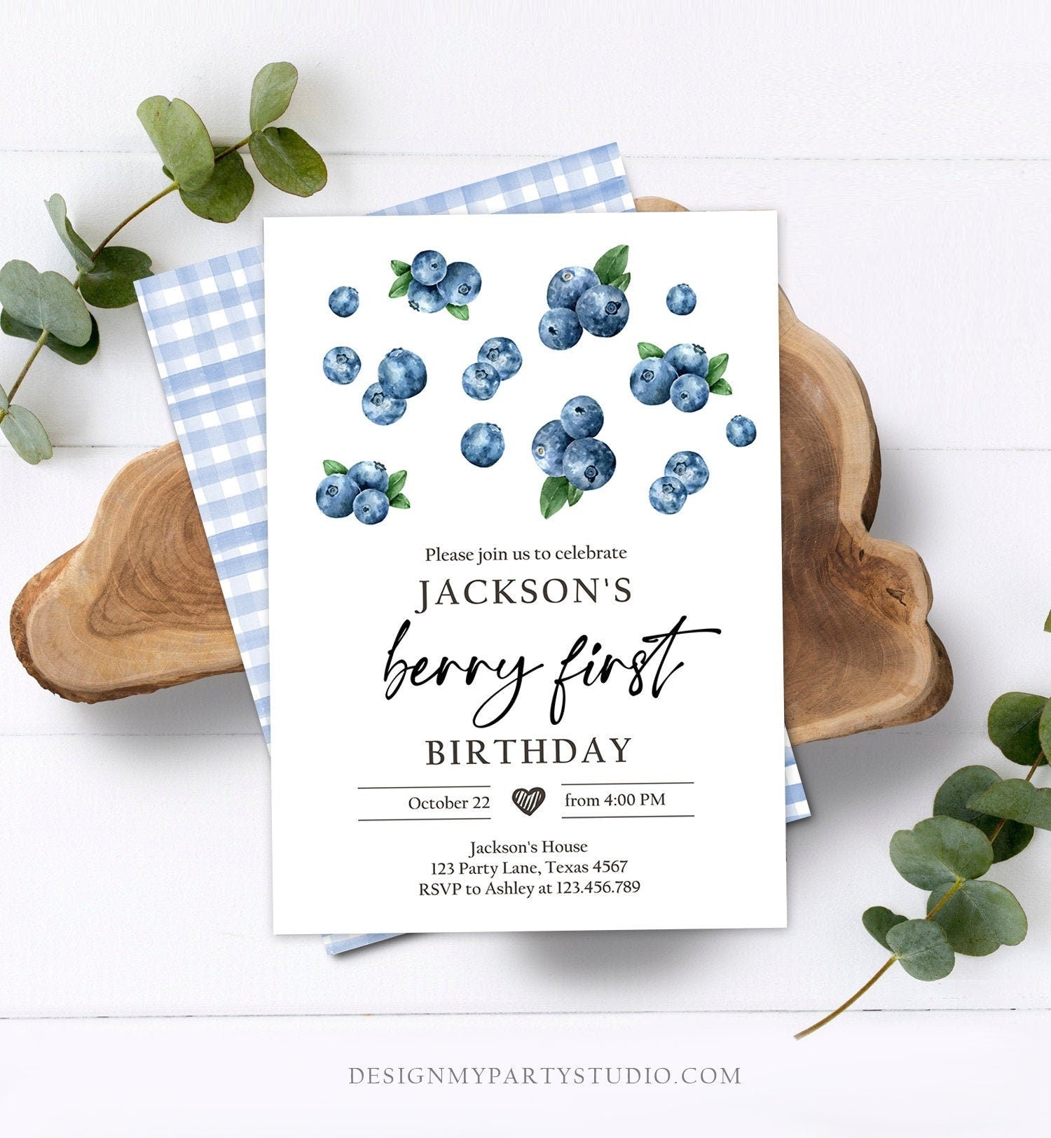Editable Blueberry Birthday Invitation First Birthday Berry Sweet Boy Cute Blueberries 1st Digital Download Evite Template Printable 0399