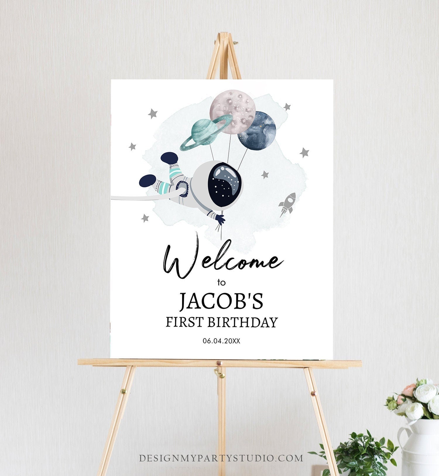 Editable Outer Space Birthday Welcome Sign 1st Birthday Boy Galaxy Planets Trip Around the Sun Astronaut Digital Template Printable 0366