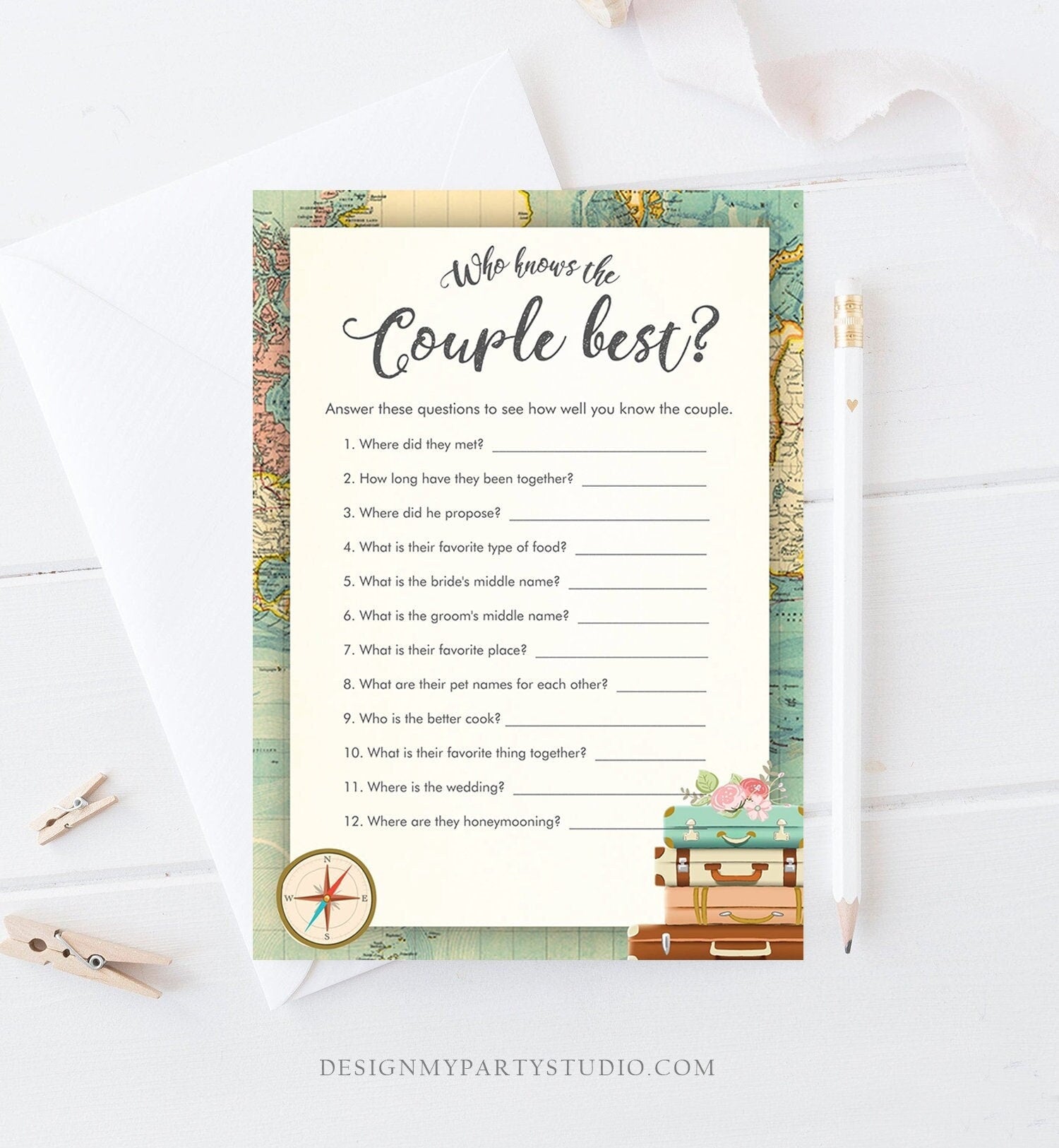 Editable Who Know's Couple Best Bridal Shower Game Travel Wedding Shower Activity Vintage Map Suitcases Corjl Template Printable 0044