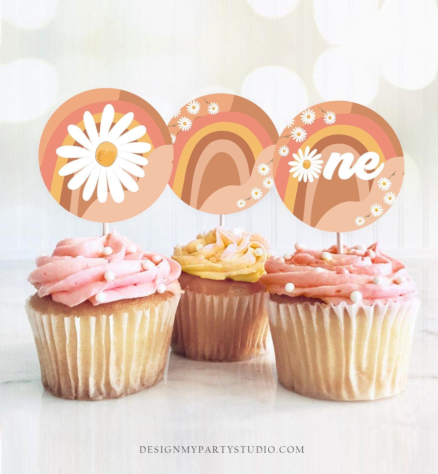 Groovy First Birthday Cupcake Toppers Favor Tags Retro Daisy Birthday Party Decor One Flower Power Festival Download Digital PRINTABLE 0428