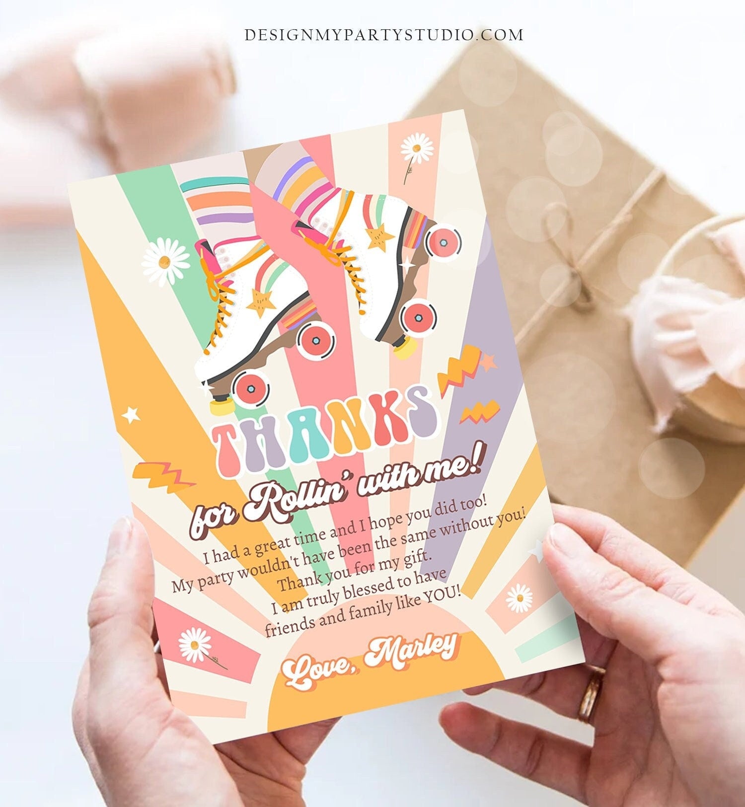 Editable Retro Roller Skate Birthday Thank You Card Let's Roll Skating Rainbow 70's Skate Thanks Download Corjl Template Printable 0435