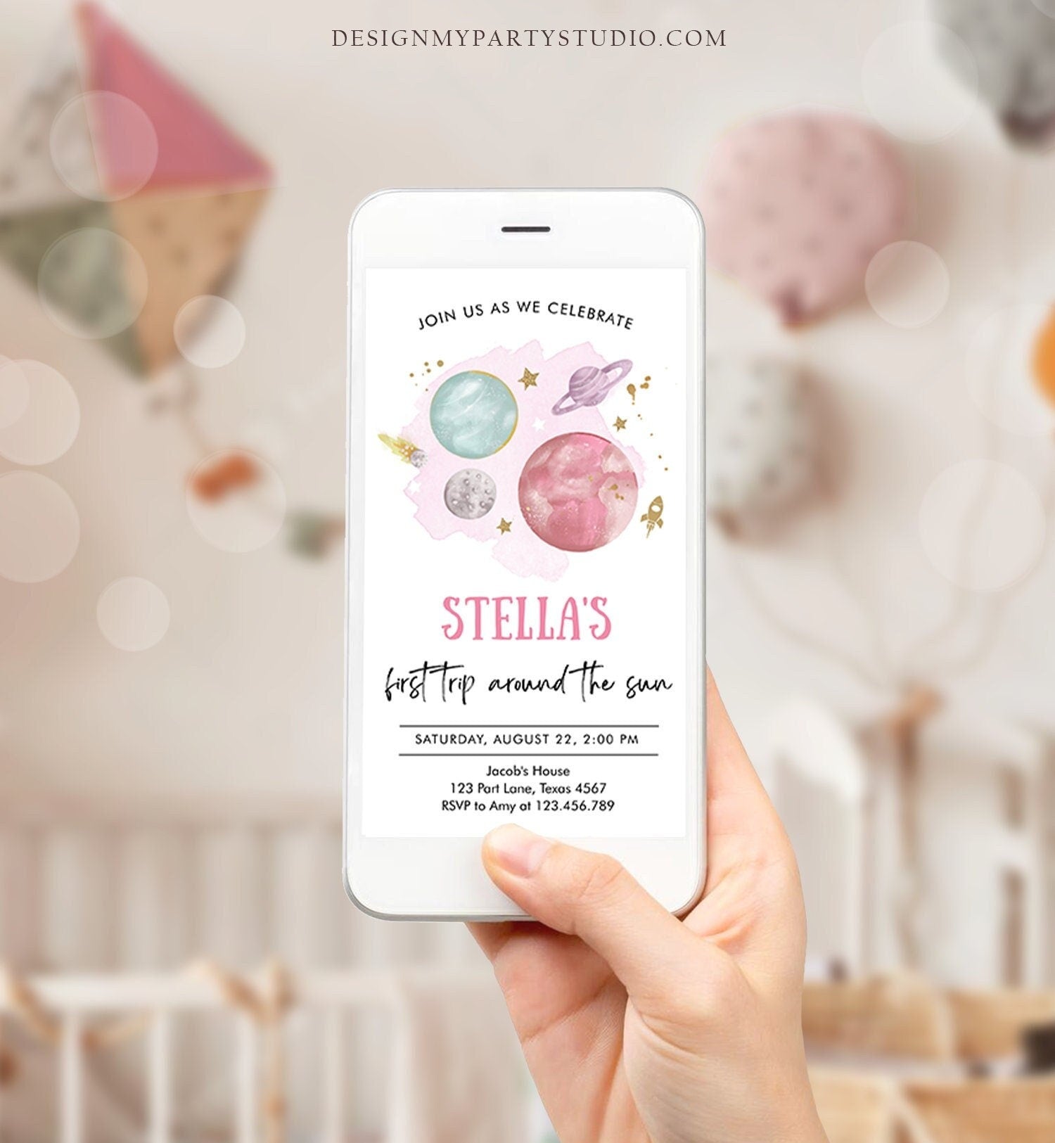 Editable Outer Space First Birthday Invitation Galaxy Blast Off First Trip Around the Sun Phone Digital Download Evite Template 0357