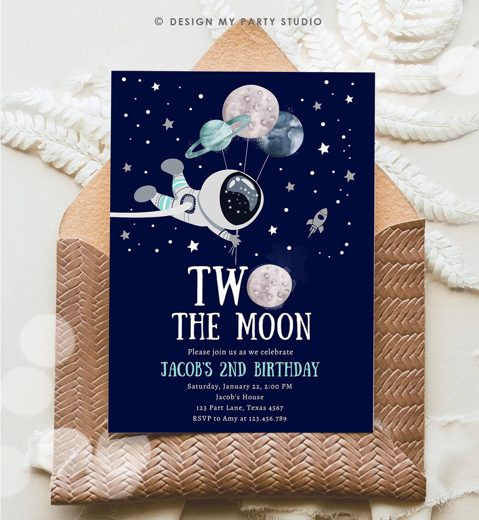 Editable Two the Moon Outer Space Birthday Invitation Out of this World Astronaut Blue Silver Boy Second 2nd Digital Template Printable 0366