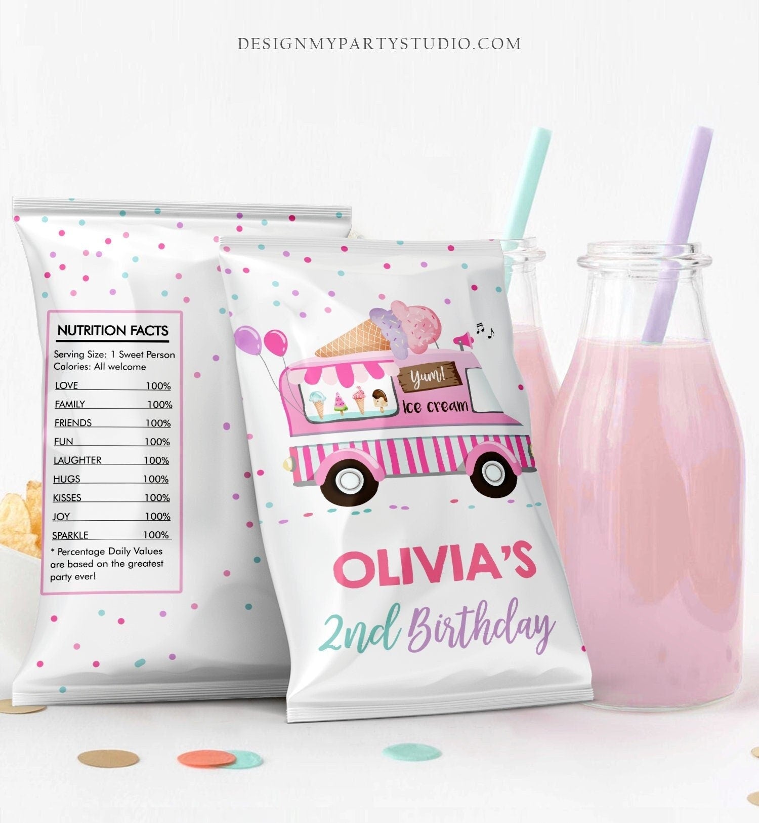Editable Ice Cream Truck Chip Bag Ice Cream Birthday Party Decor Girl Ice Cream Truck Scoop Snack Favors Digital Template Printable 0243