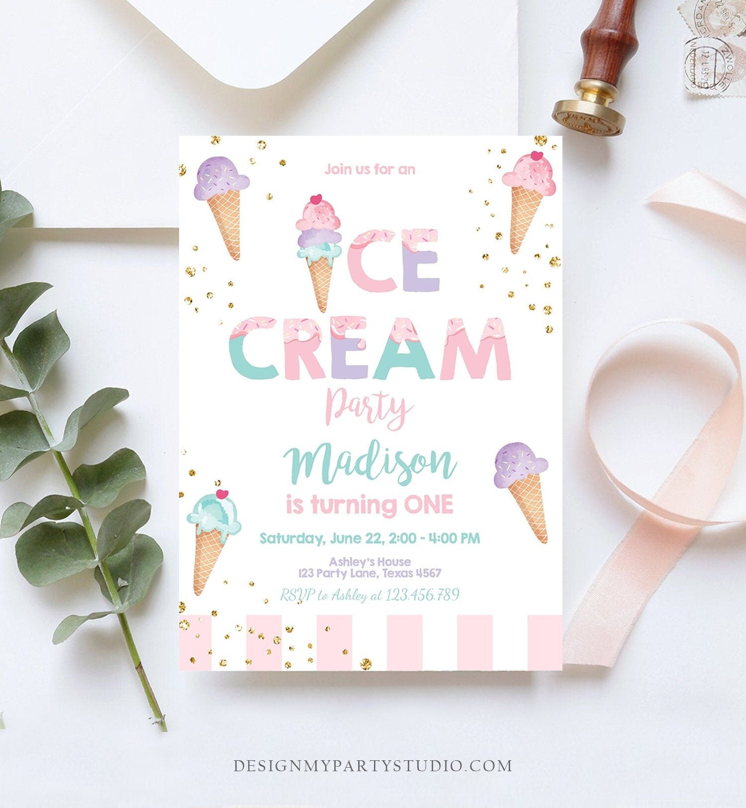 Editable Ice Cream Birthday Invitation First Birthday Party Here's the Scoop Cone Ice Cream Social Download Corjl Template Printable 0243