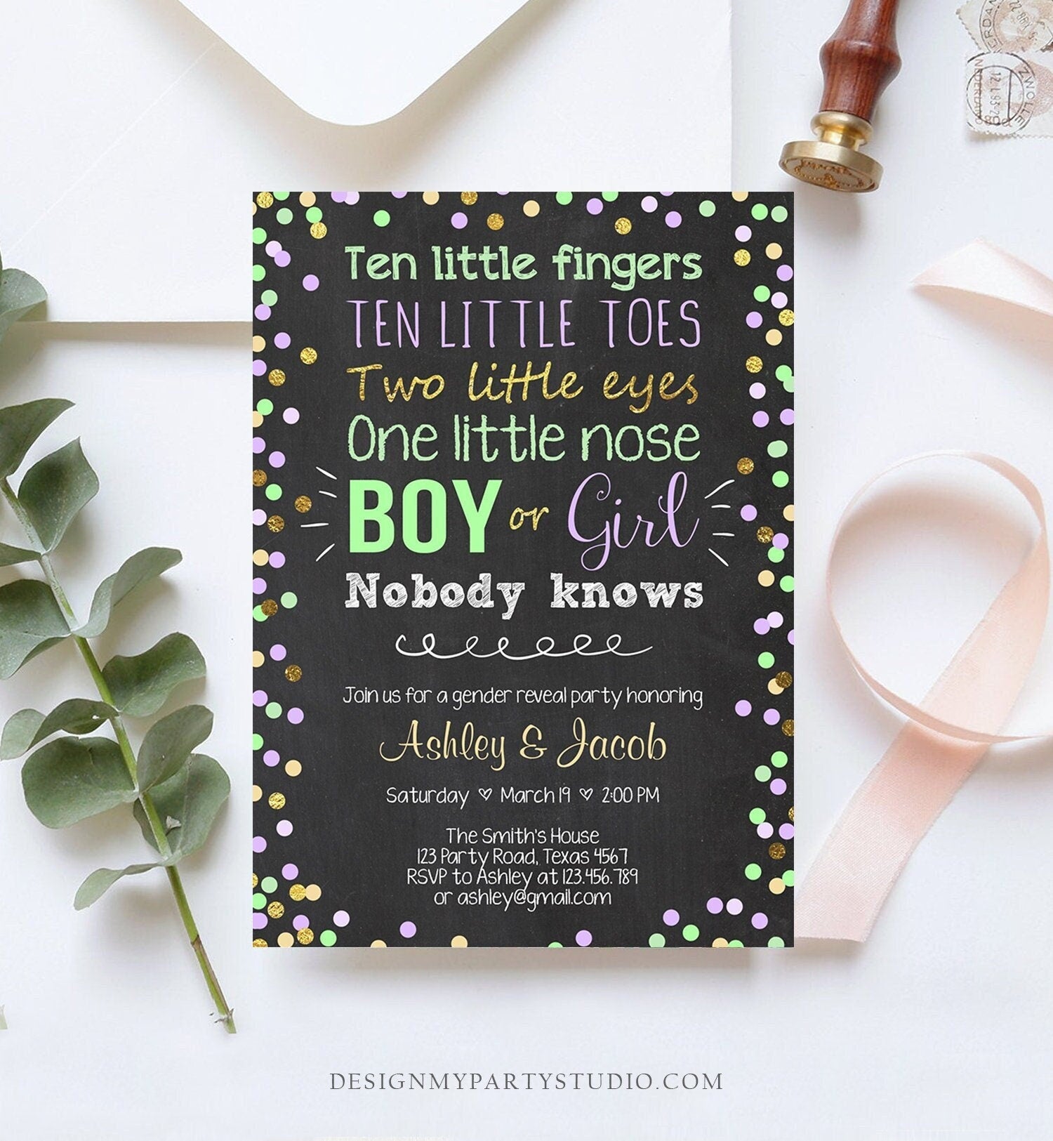 Editable Gender Reveal Invitation Baby Shower Boy or Girl Green Purple He She Confetti Gold Digital Download Evite Template Printable 0133