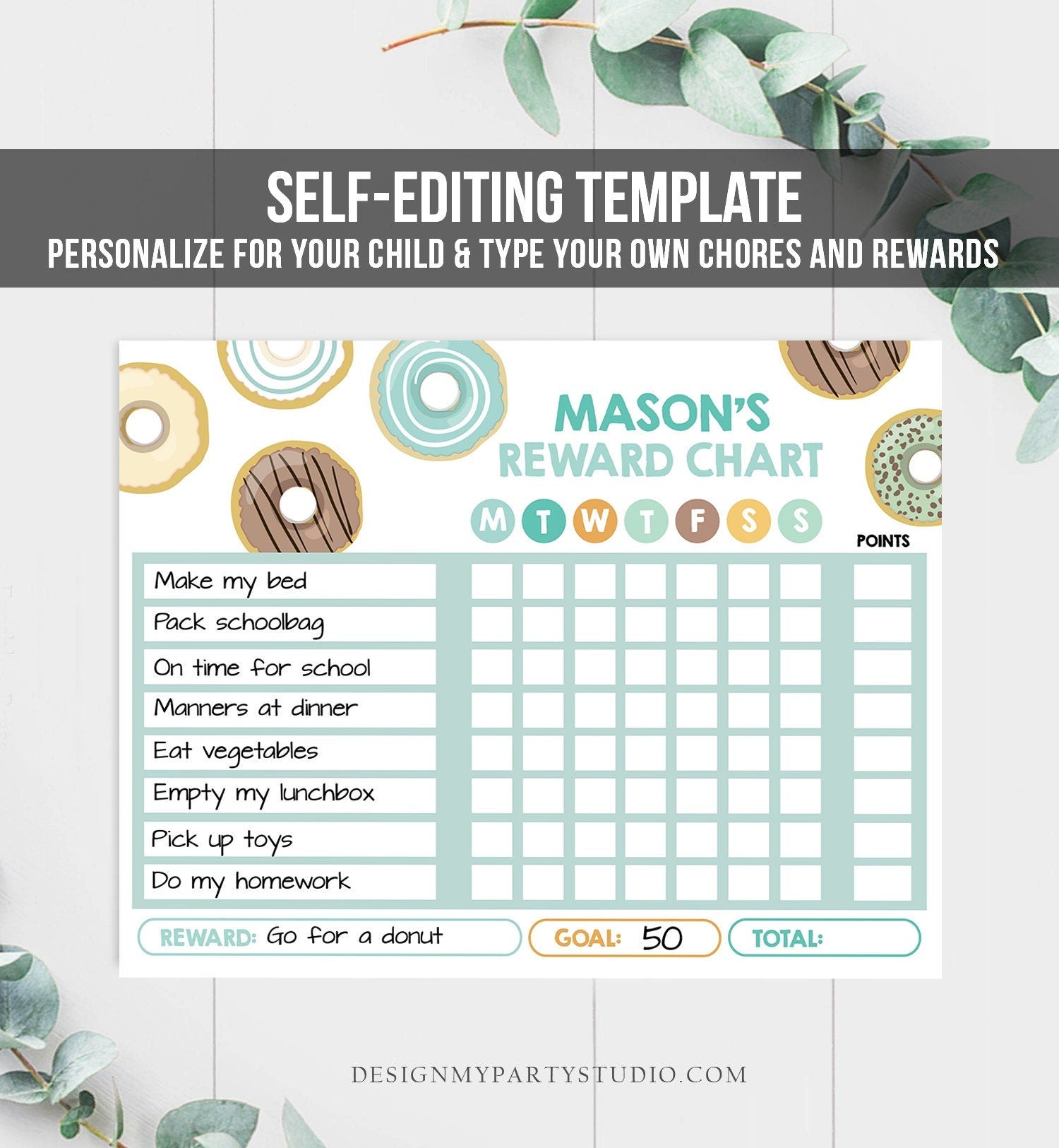 Editable Donut Reward Chart for Boys Printable Donut Chore Chart for Kids Chores Blue Routine Chart Boy Digital Template Printable 0320