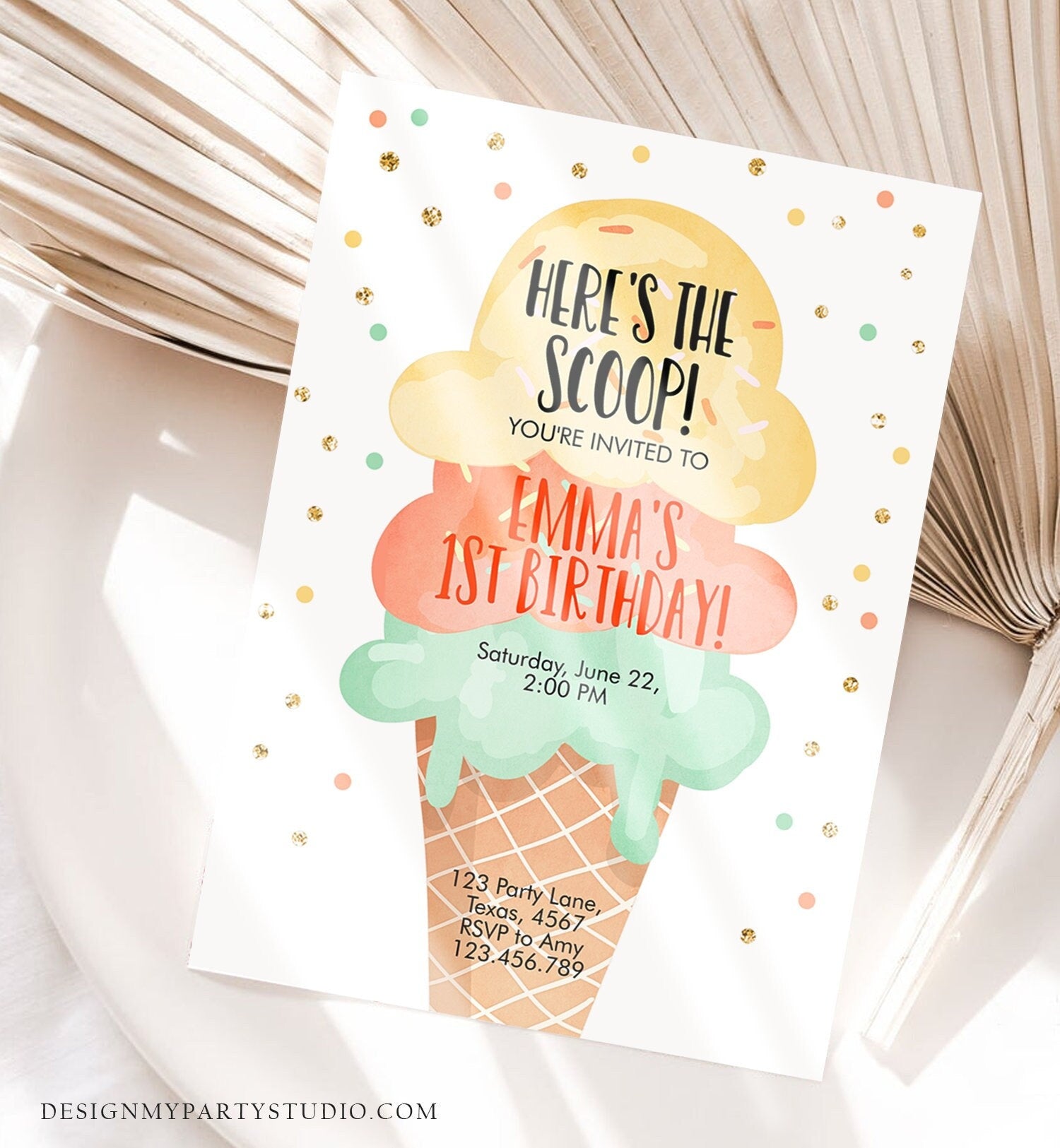 Editable Ice Cream Birthday Invitation First Birthday Party Here's the Scoop Cone Yellow Orange Mint Gold Printable Template Corjl 0243