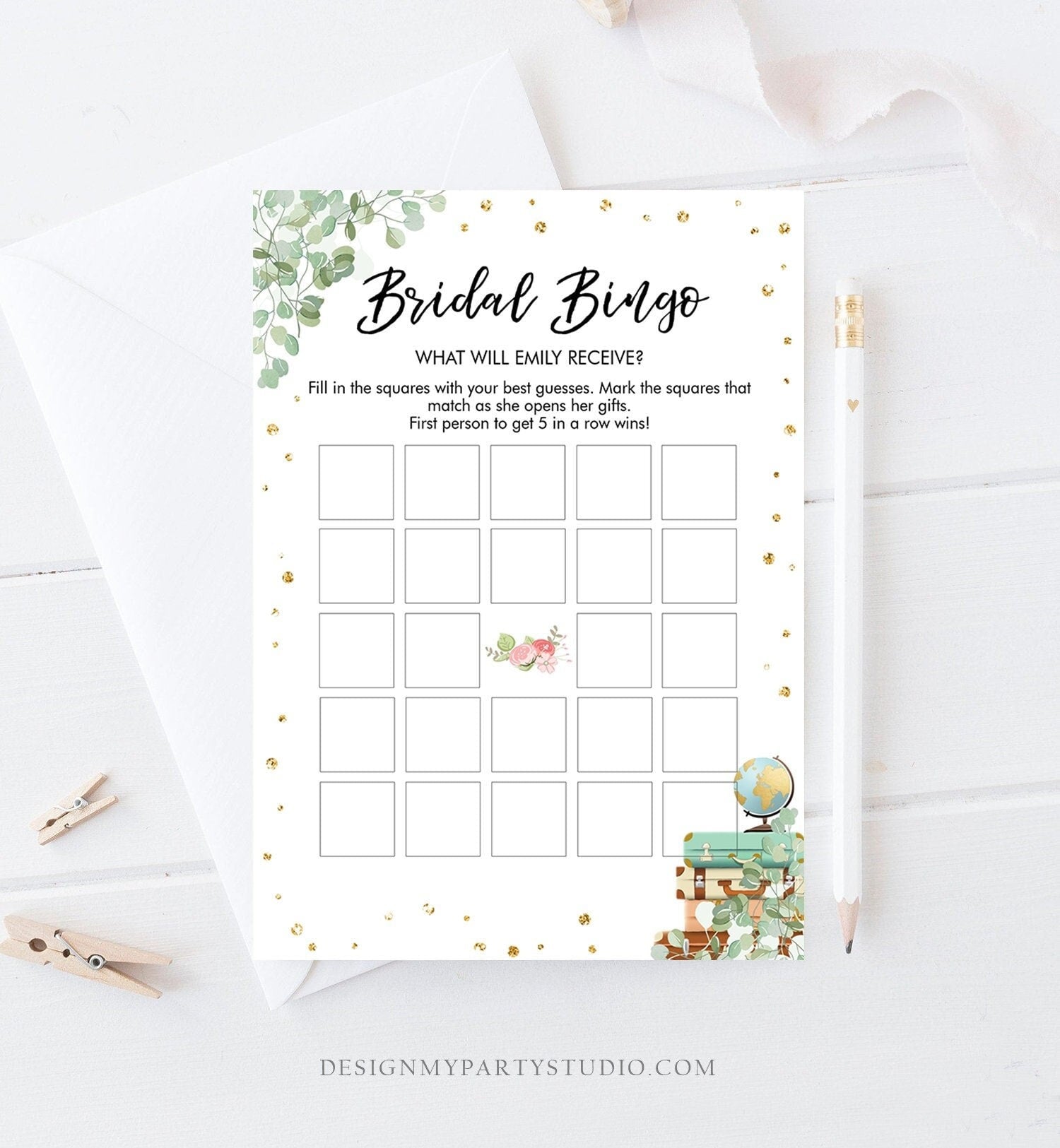 Editable Bingo Bridal Shower Game Wedding Shower Activity Eucalyptus Gold Confetti Travel Adventure Corjl Template Printable 0030 0318