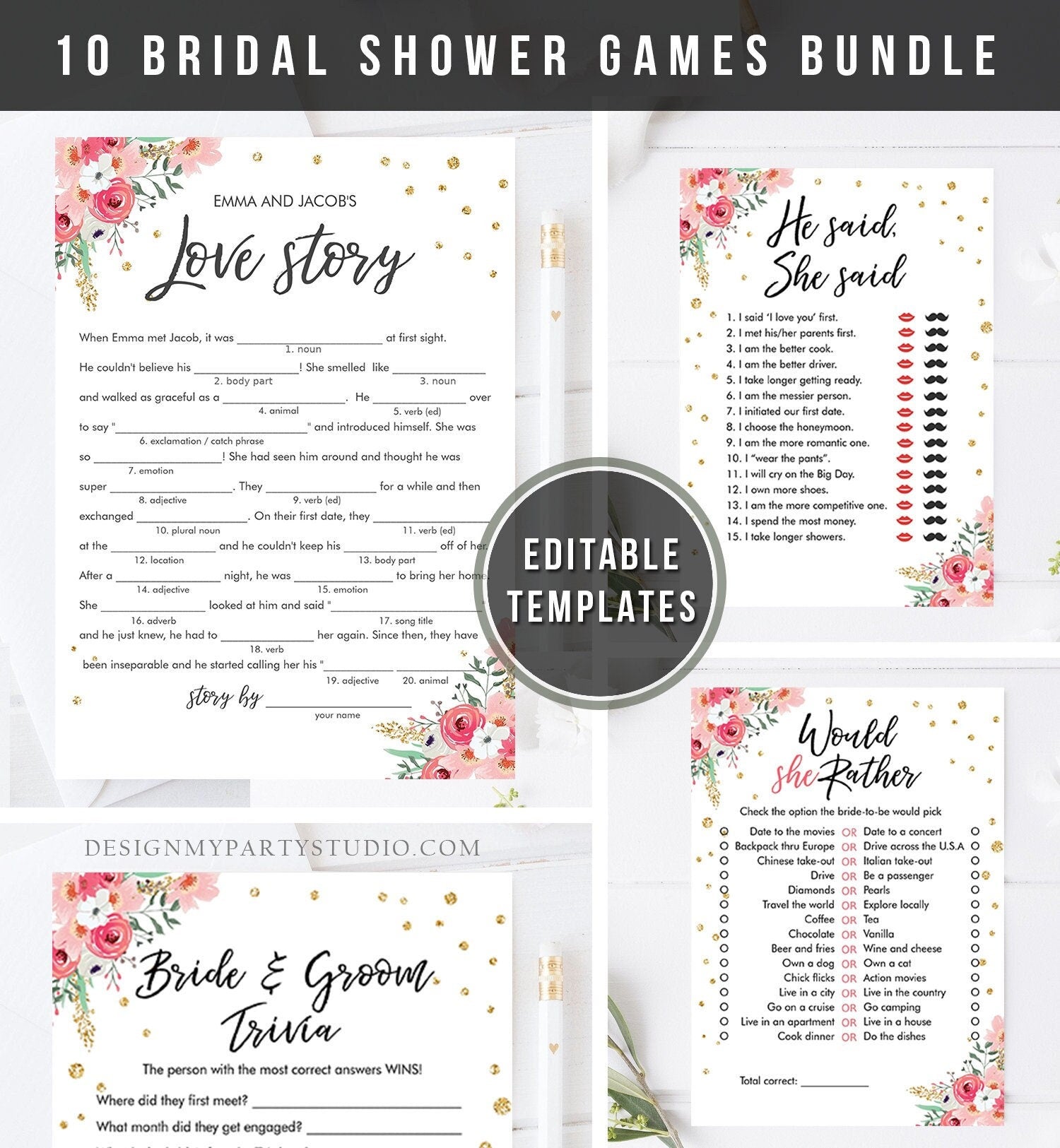 Editable Travel Adventure Floral Bridal Shower Games Bundle Wedding Shower Activity Pink Gold Confetti Digital Template Printable 0030 0318