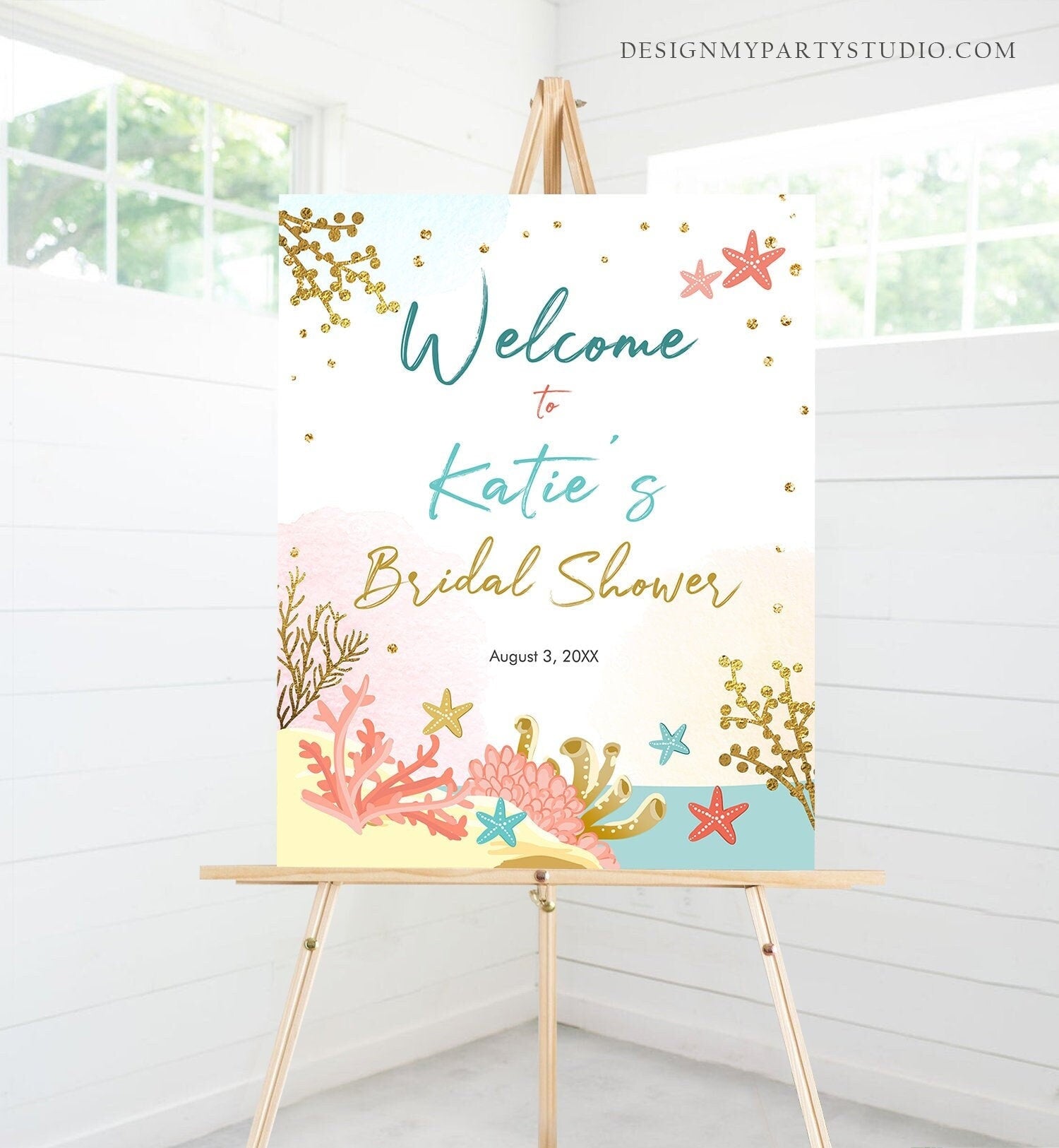 Editable Beach Welcome Sign Couples Shower Welcome Beach Bridal Shower Ocean Nautical Wedding Starfish Coral Corjl Template Printable 0129