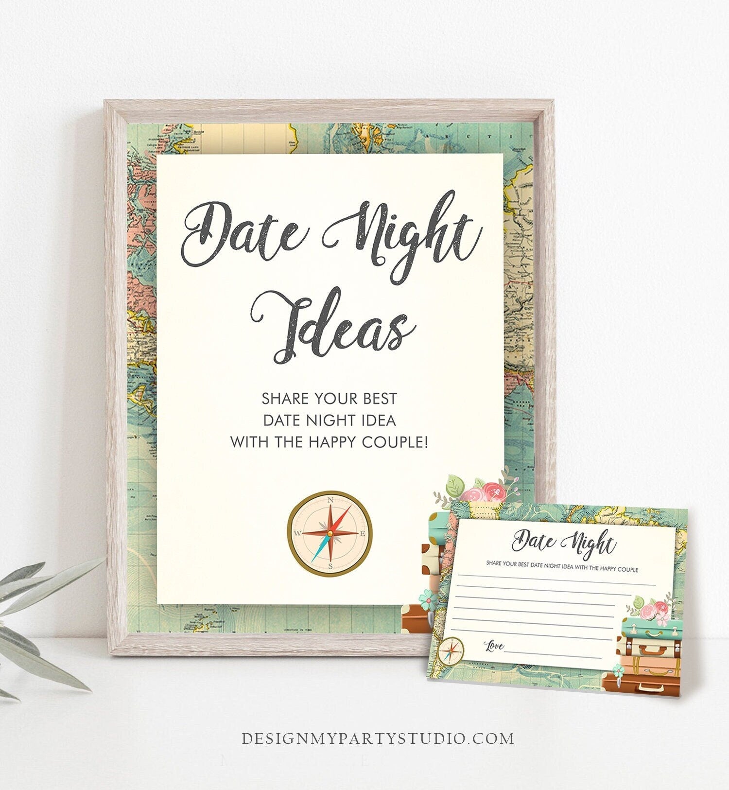 Editable Date Night Ideas Bridal Shower Game Travel Adventure Floral Greenery Gold Date Jar Sign Digital Download Template Printable 0044
