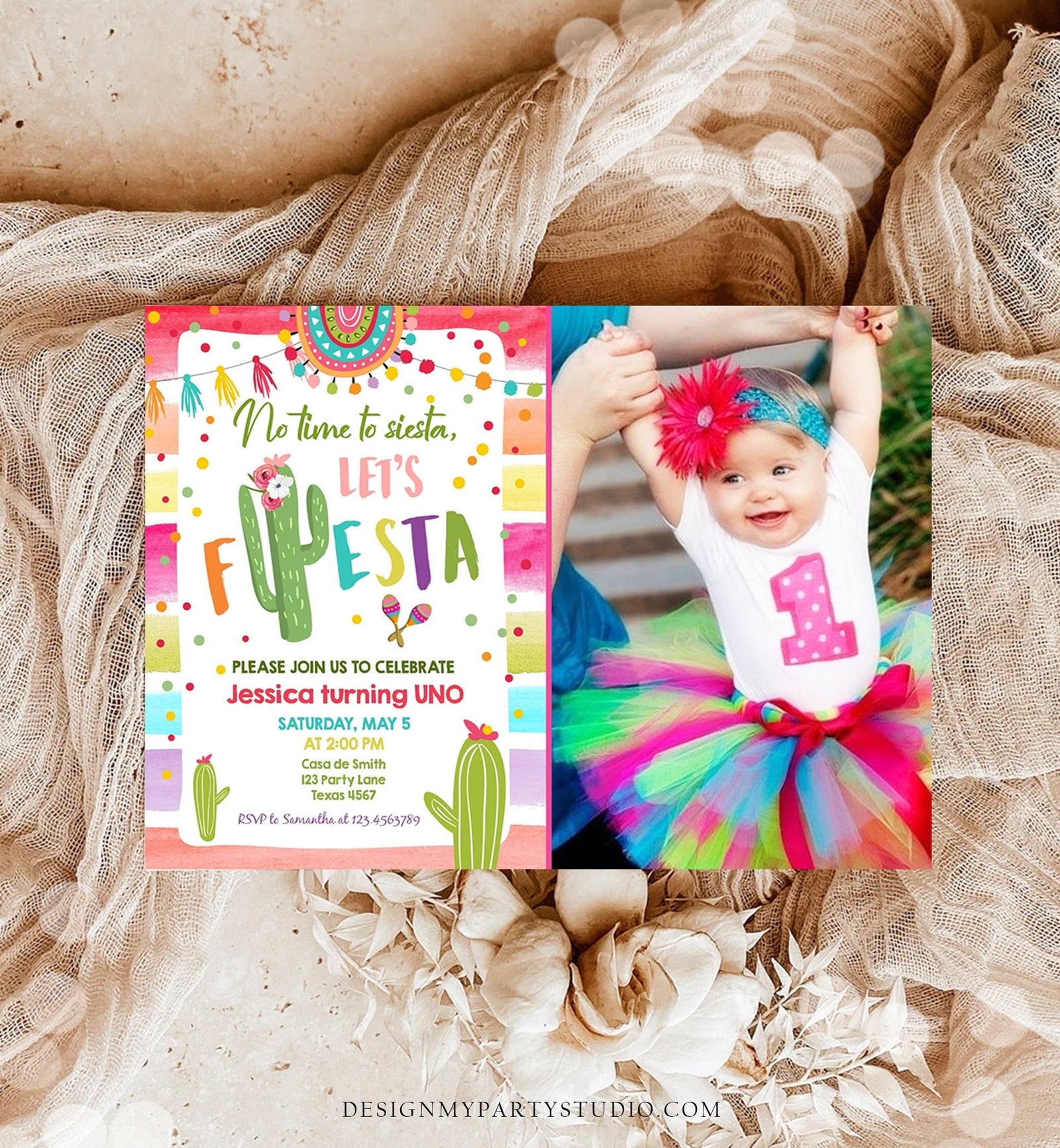 Editable Let's Fiesta Birthday Invitation Cactus Succulent First Birthday Party Girl 1st Mexican Uno Digigtal Evite Template Printable 0134