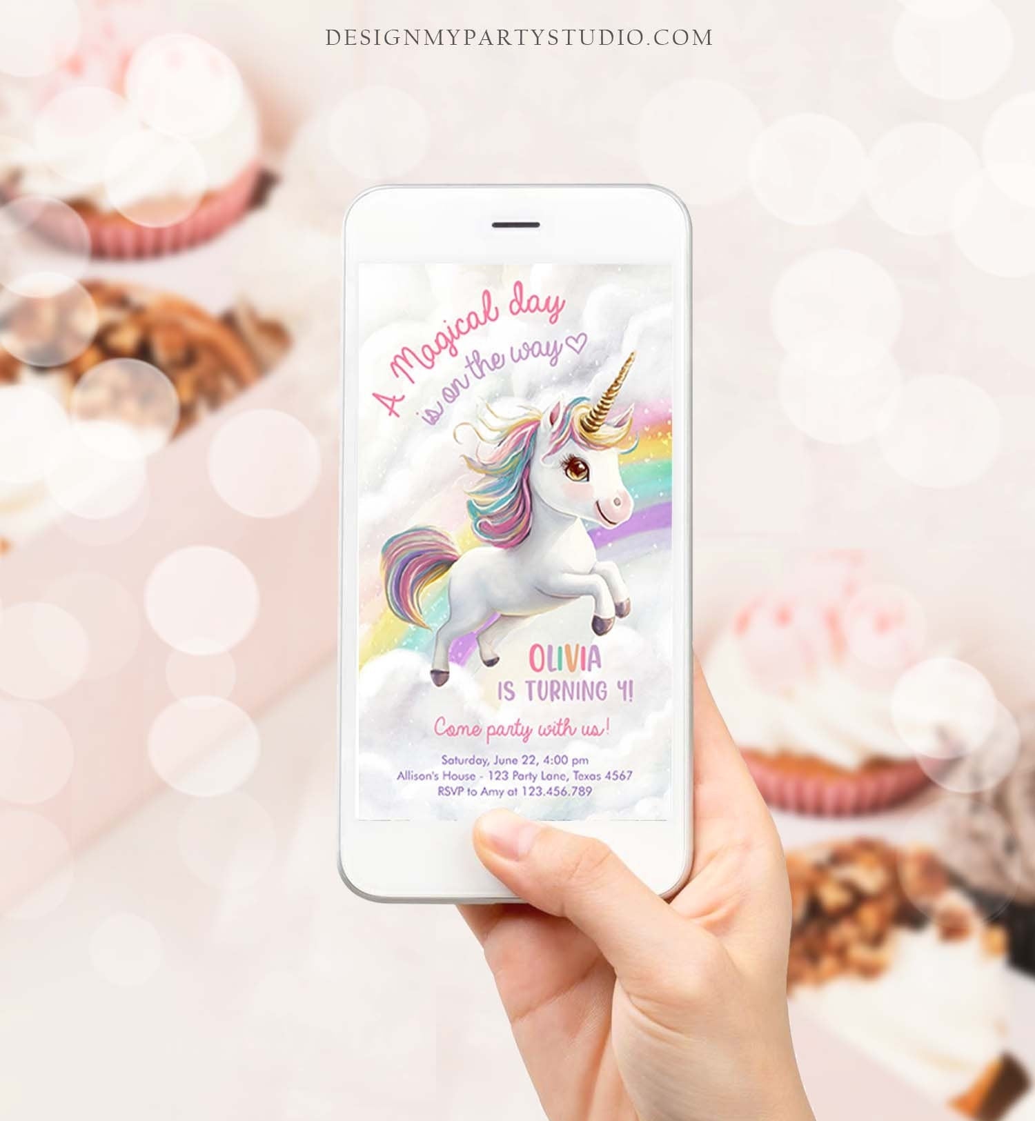 Editable Unicorn Birthday Evite Magical Party Invite Girl Pink Pastel First Digital Unicorn Party Rainbow Phone Digital Template 0503