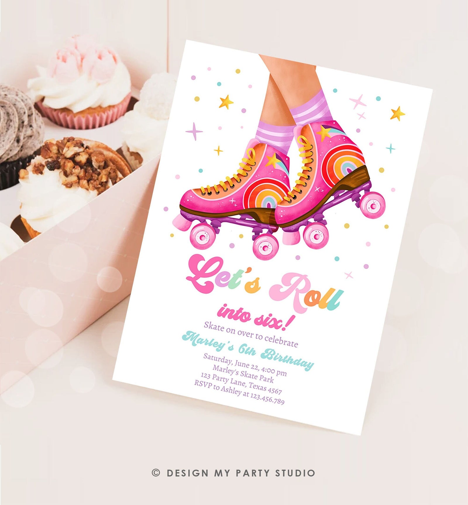 Editable Roller Skate Birthday Party Invitation Let's Roll Skating Kids Rainbow Rollerblade Rink Digital Download Template Printable 0514
