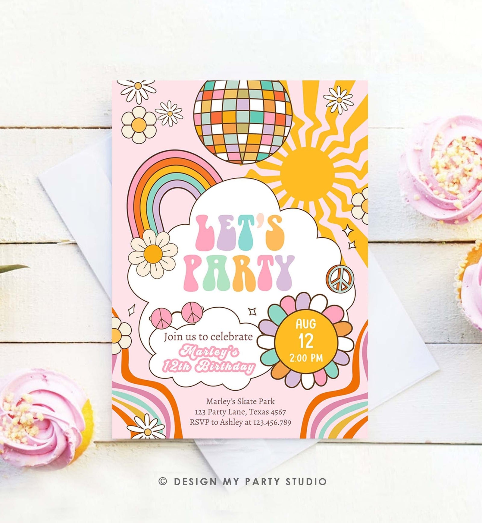 Editable Groovy Birthday Party Invitation Let's Party Birthday Boho Retro Flower Power 70's Girl Pink Digital Evite Template Printable 0538