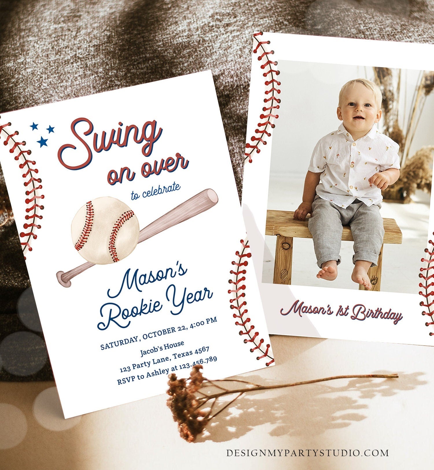Editable Baseball First Birthday Invitation Rookie of The Year Boy Birthday Little Slugger Swing Digital Evite Template Printable 0492