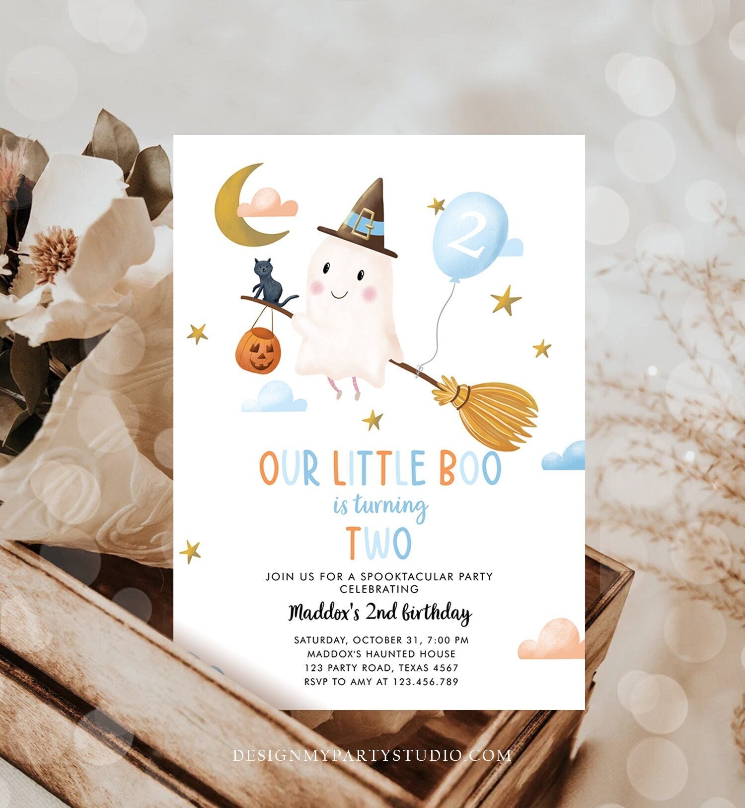 Editable Halloween 2nd Birthday Invitation Pink Ghost Costume Party Girl Pink Boo Spooktacular Spooky Digital Template Printable 0479 0009