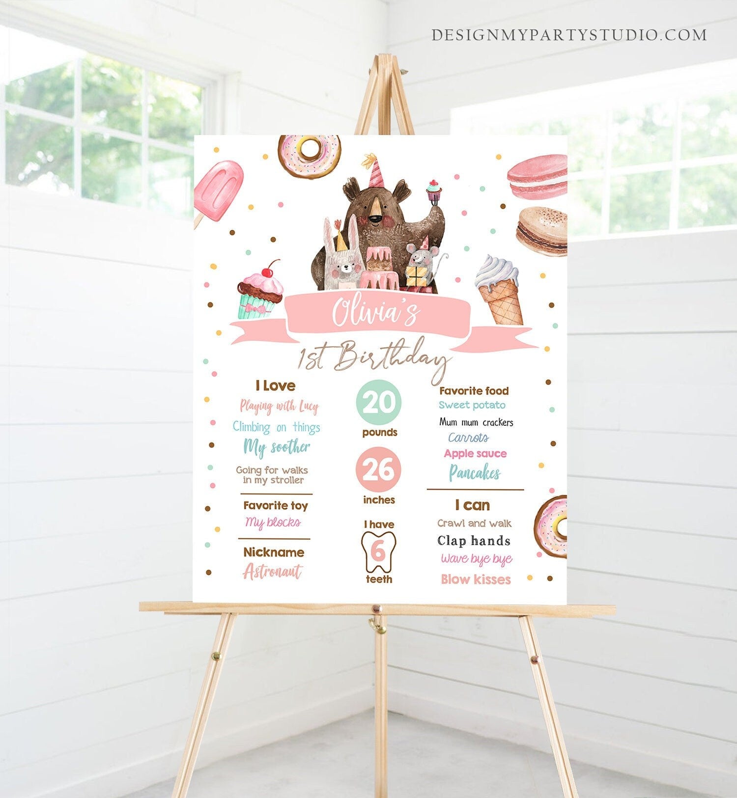 Editable Sweet One Birthday Milestones Sign Sweet Celebration First Birthday 1st Birthday Girl Donut Ice Cream Corjl Template Printable 0373