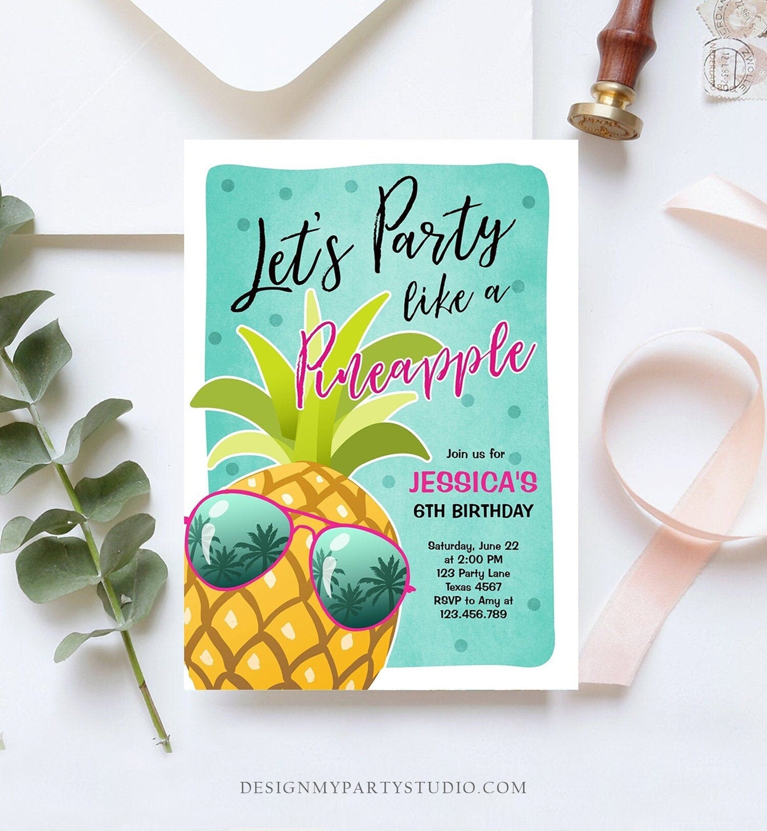Editable Pineapple Birthday Invitation Lets Party Like a Pineapple Invite Tropical Party Aloha Girl Download Printable Template Corjl 0203