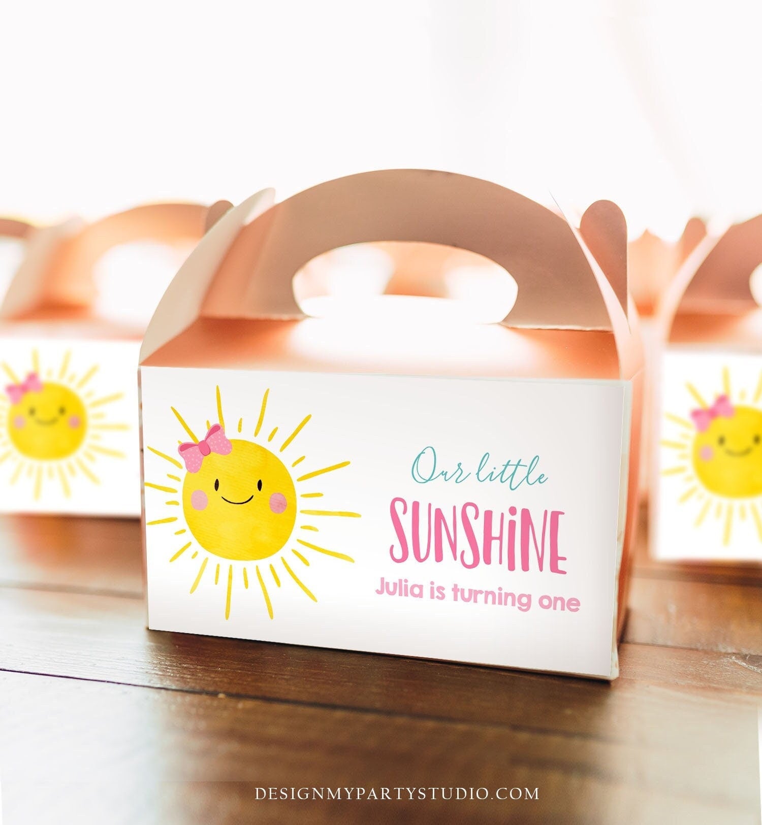Editable Sunshine Girl Birthday Party Gable Box Favor Label Boho Sun Gift Box Labels Sun First Trip Pink Digital Download Printable 0141