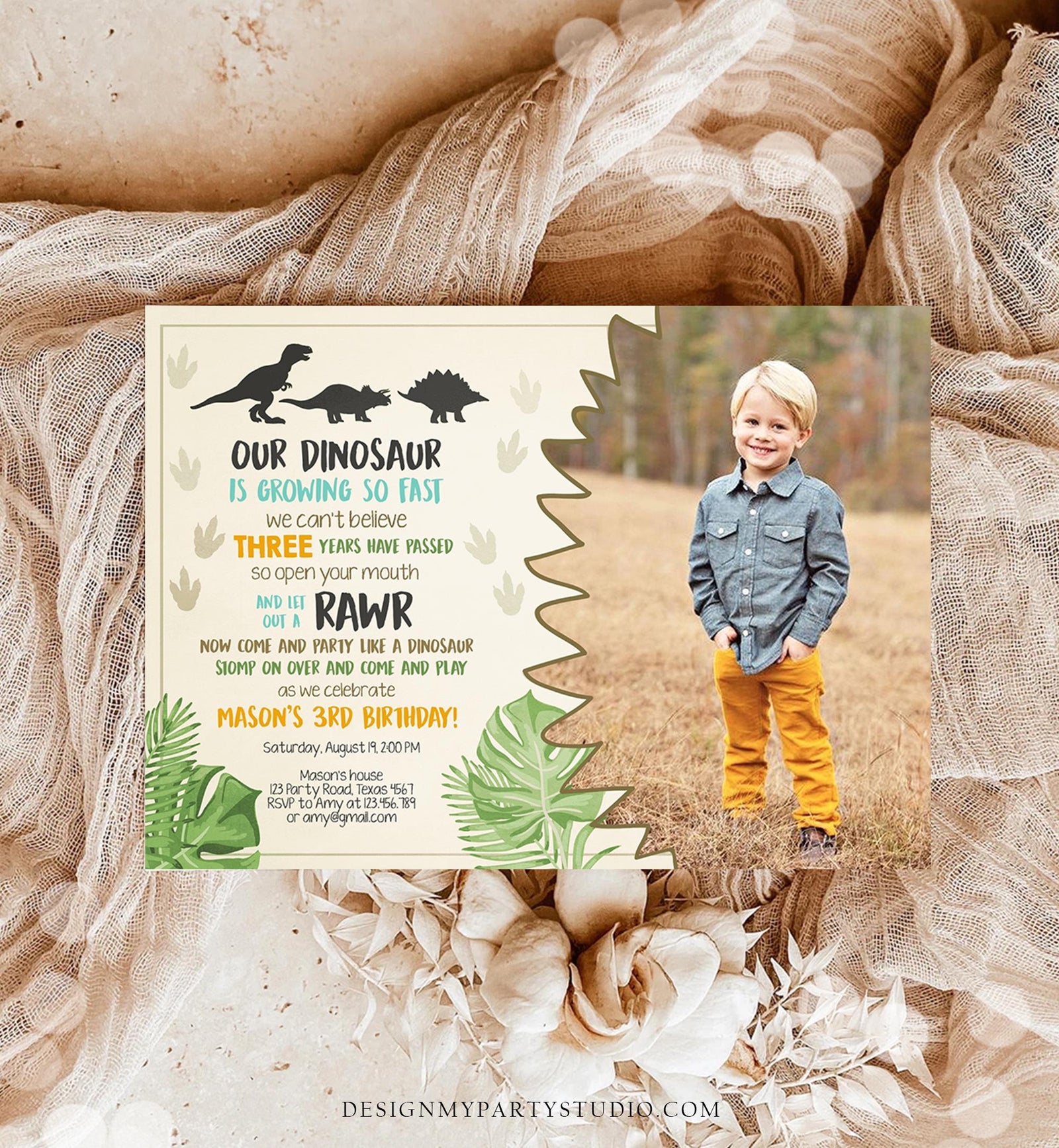 Editable Dinosaur Birthday Invitation Dino Dig Party Prehistoric Boy Photo T-Rex RAWR Digital Download Evite Template Printable 0043