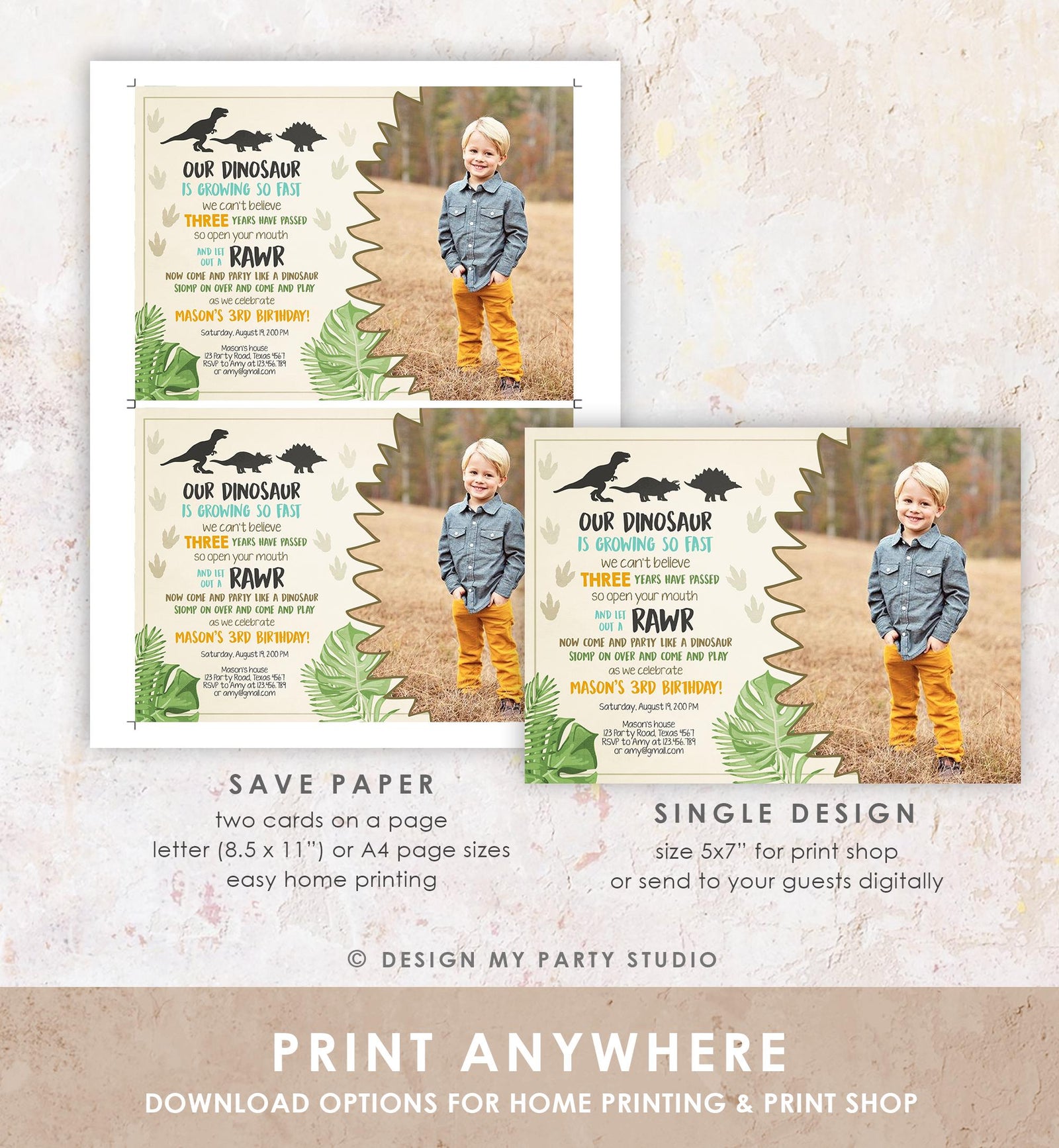 Editable Dinosaur Birthday Invitation Dino Dig Party Prehistoric Boy Photo T-Rex RAWR Digital Download Evite Template Printable 0043