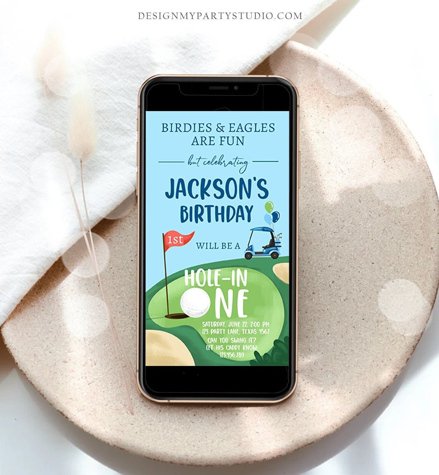 Editable Hole in One Birthday Evite Golf First Birthday Par-tee Golf Invitation Boy Golf Electronic Phone Digital Download Template 0405