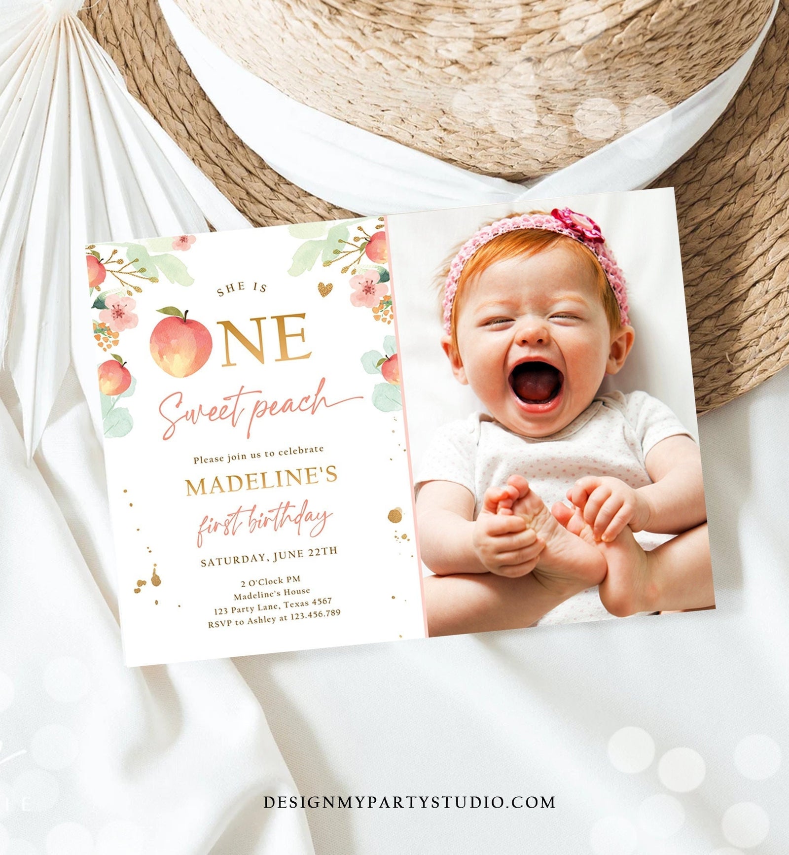 Editable One Sweet Peach First Birthday Invitation 1st Birthday Sweet Peach Girl Boho Peaches Digital Download Evite Template Printable 0401
