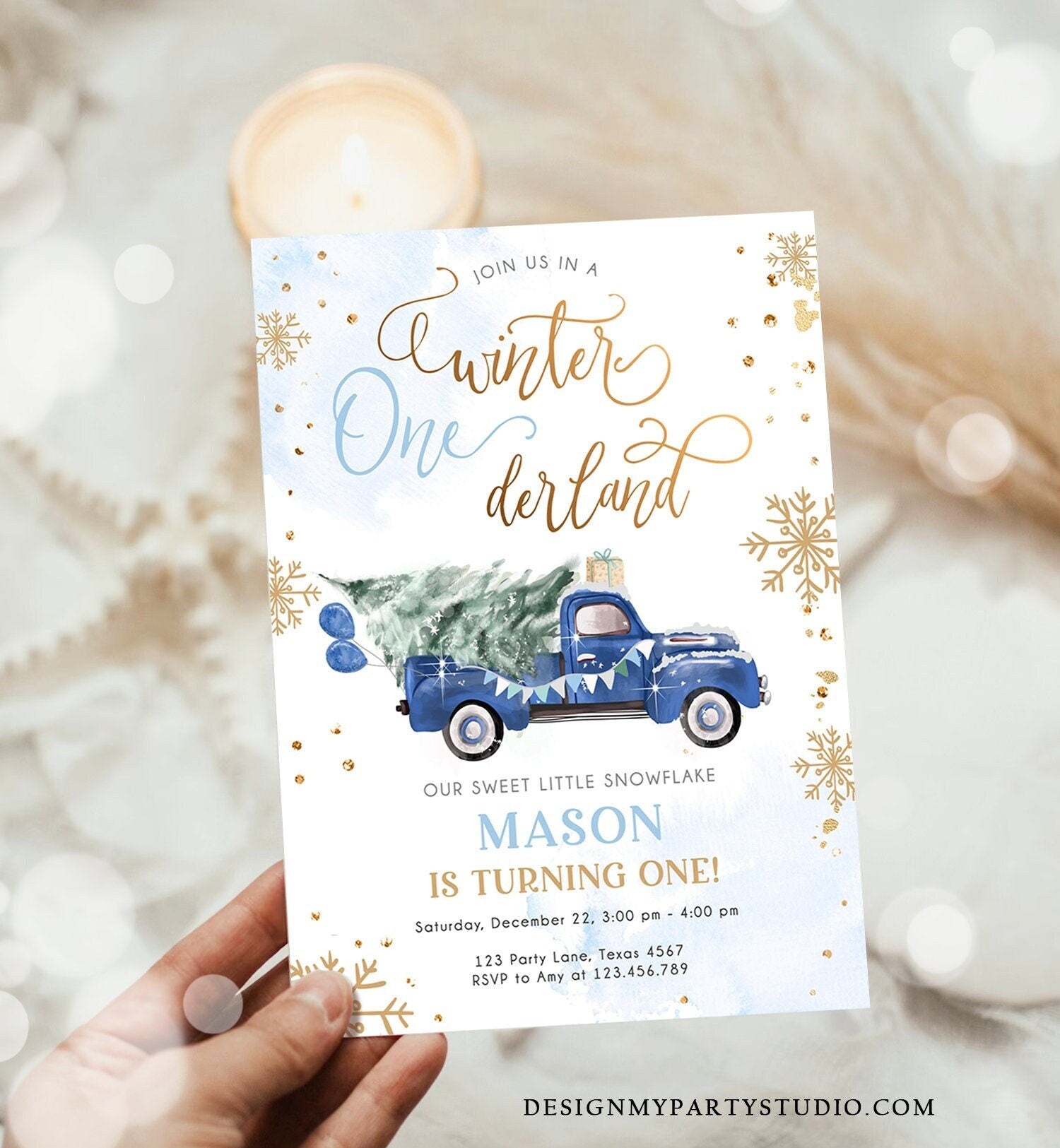 Editable Winter Onederland Winter First Birthday Invitation Christmas Winter Gold Blue Truck Boy Silver Minimalist Template Printable 0495