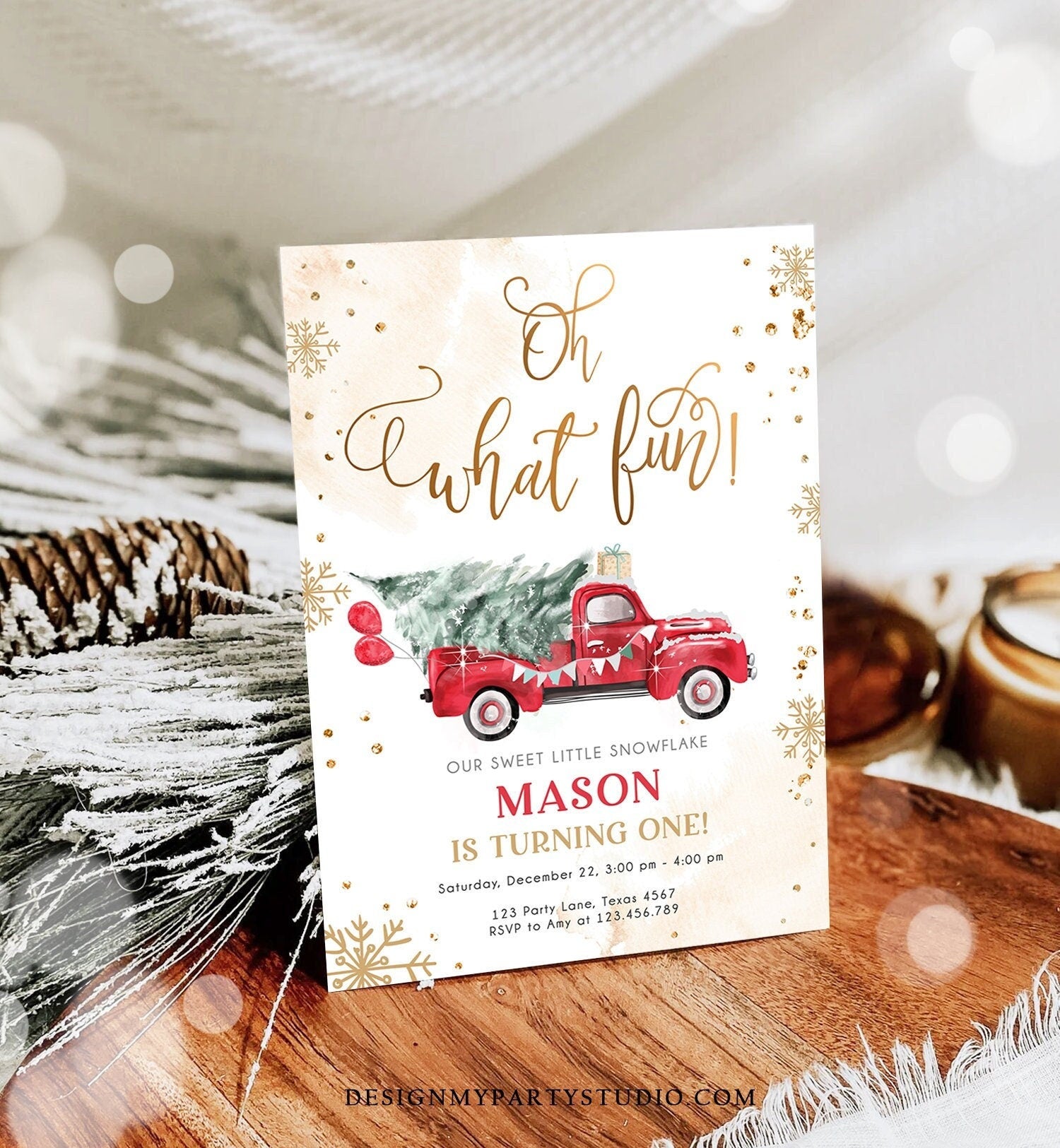 Editable Oh What Fun! Holiday 1st Winter Birthday Invitation Winter Truck Boy Christmas Party Red Truck Gold Digital Template Printable 0495