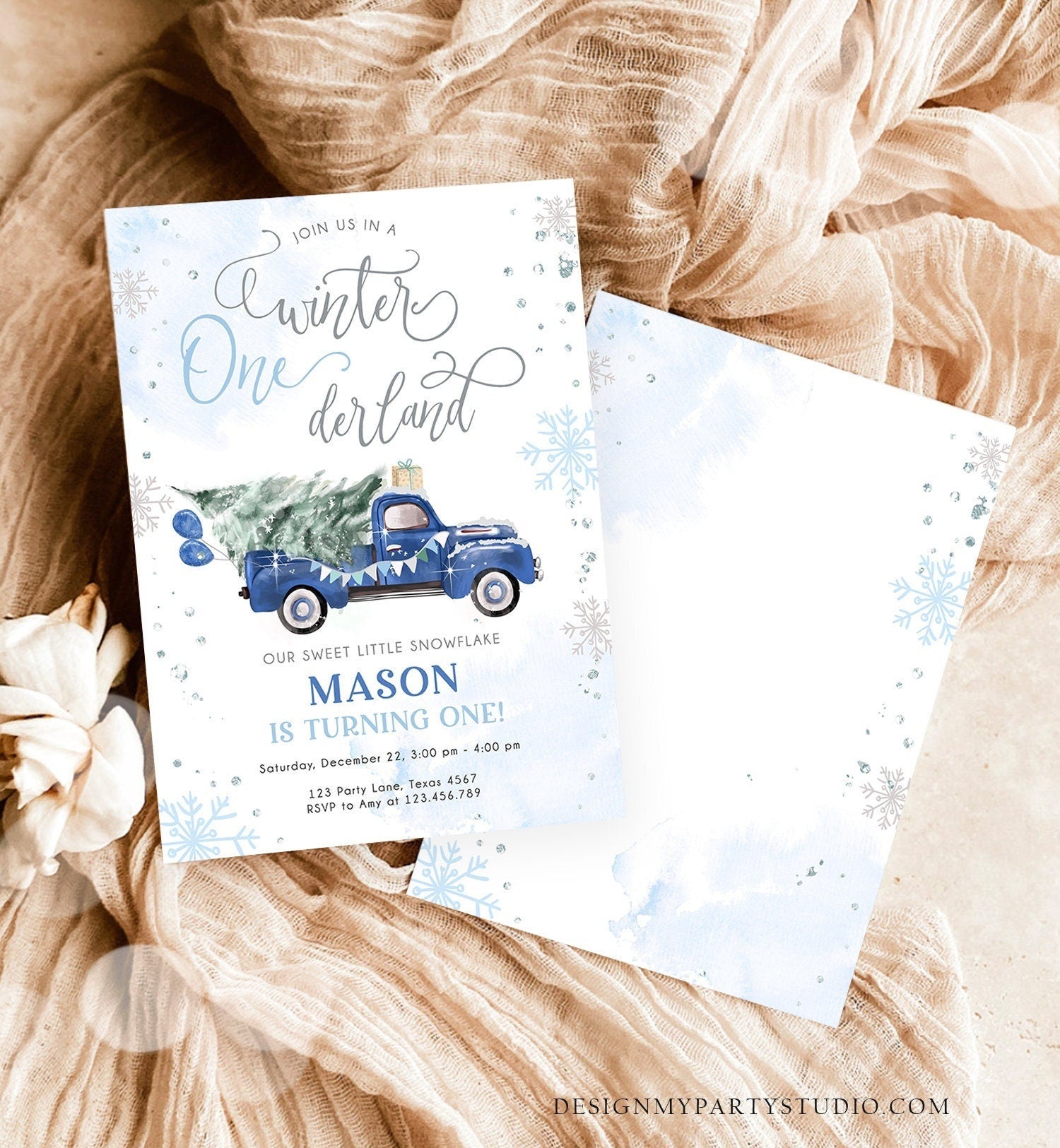 Editable Winter Onederland Winter First Birthday Invitation Christmas 1st Winter Blue Truck Boy Silver Digital Evite Template Printable 0495