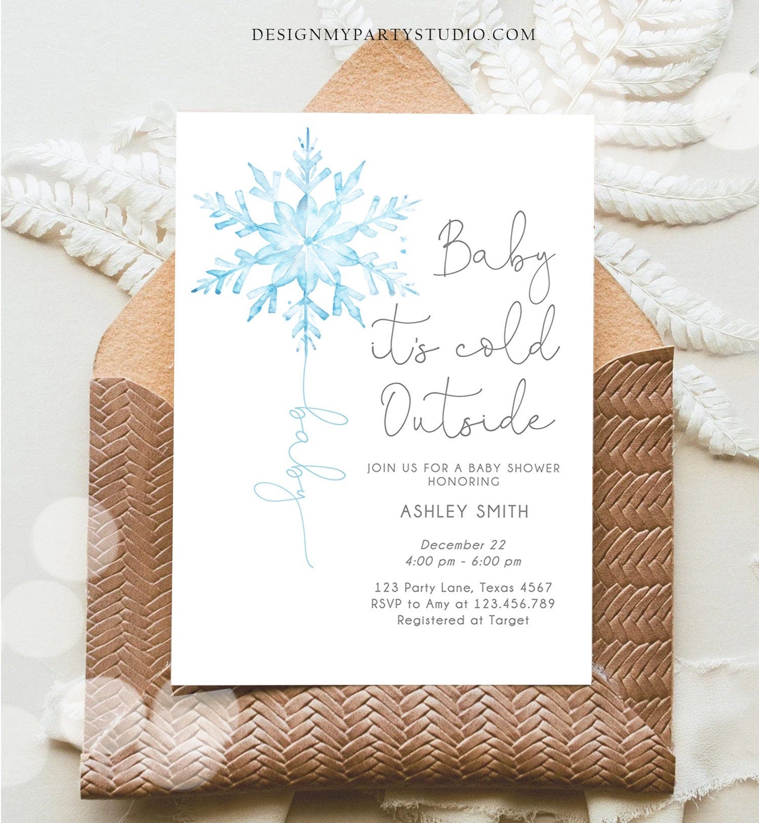 Editable Baby Its Cold Outside Baby Shower Invitation Winter Baby Shower Boy Little Snowflake Watercolor Digital Template Printable 0494