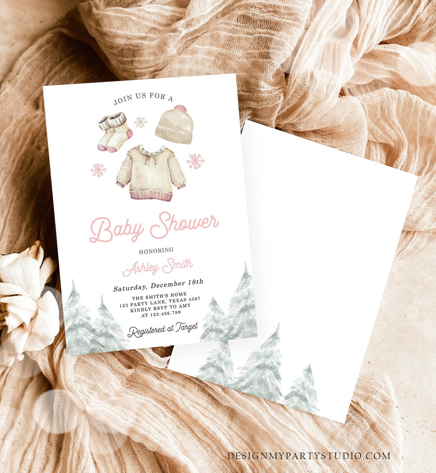Editable Winter Baby Shower Girl Baby It's Cold Outside Invitation Christmas Pink Baby Clothes Watercolor Digital Template Printable 0491