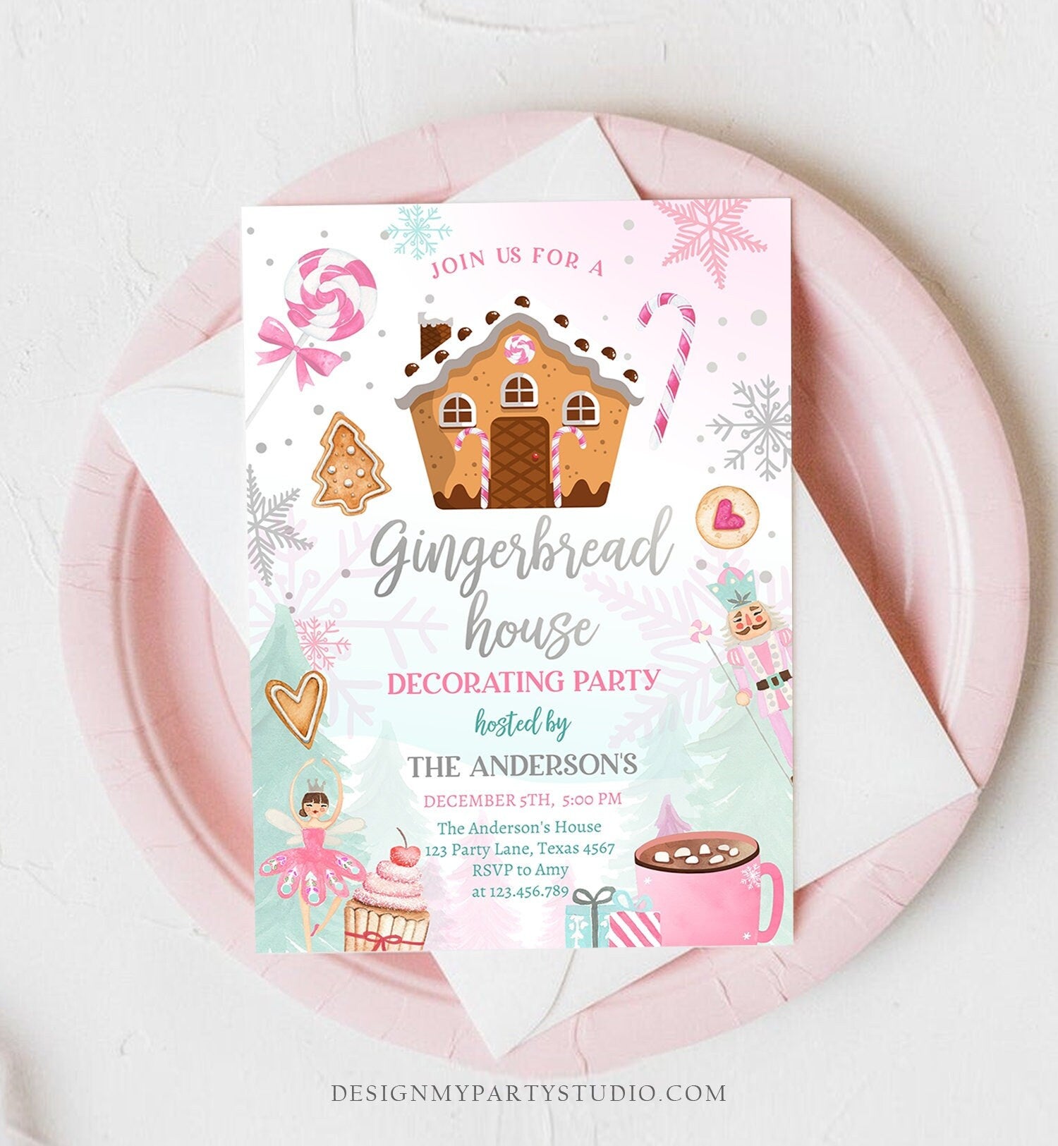 Editable Gingerbread House Decorating Party Invitation Land of Sweets Pink Silver Cookie Decorating Digital Download Template Printable 0352