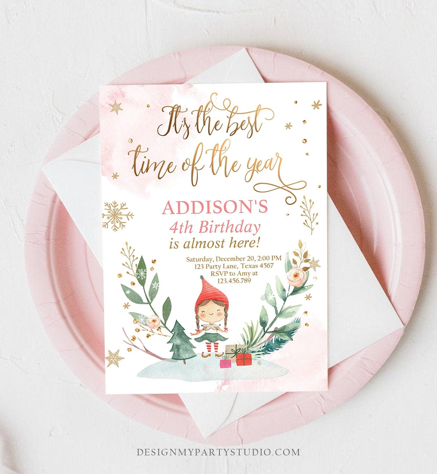 Editable Christmas Birthday Party Invitation Elf Birthday Invite Winter Best Time of The Year Girl Pink Digital Template Printable 0353