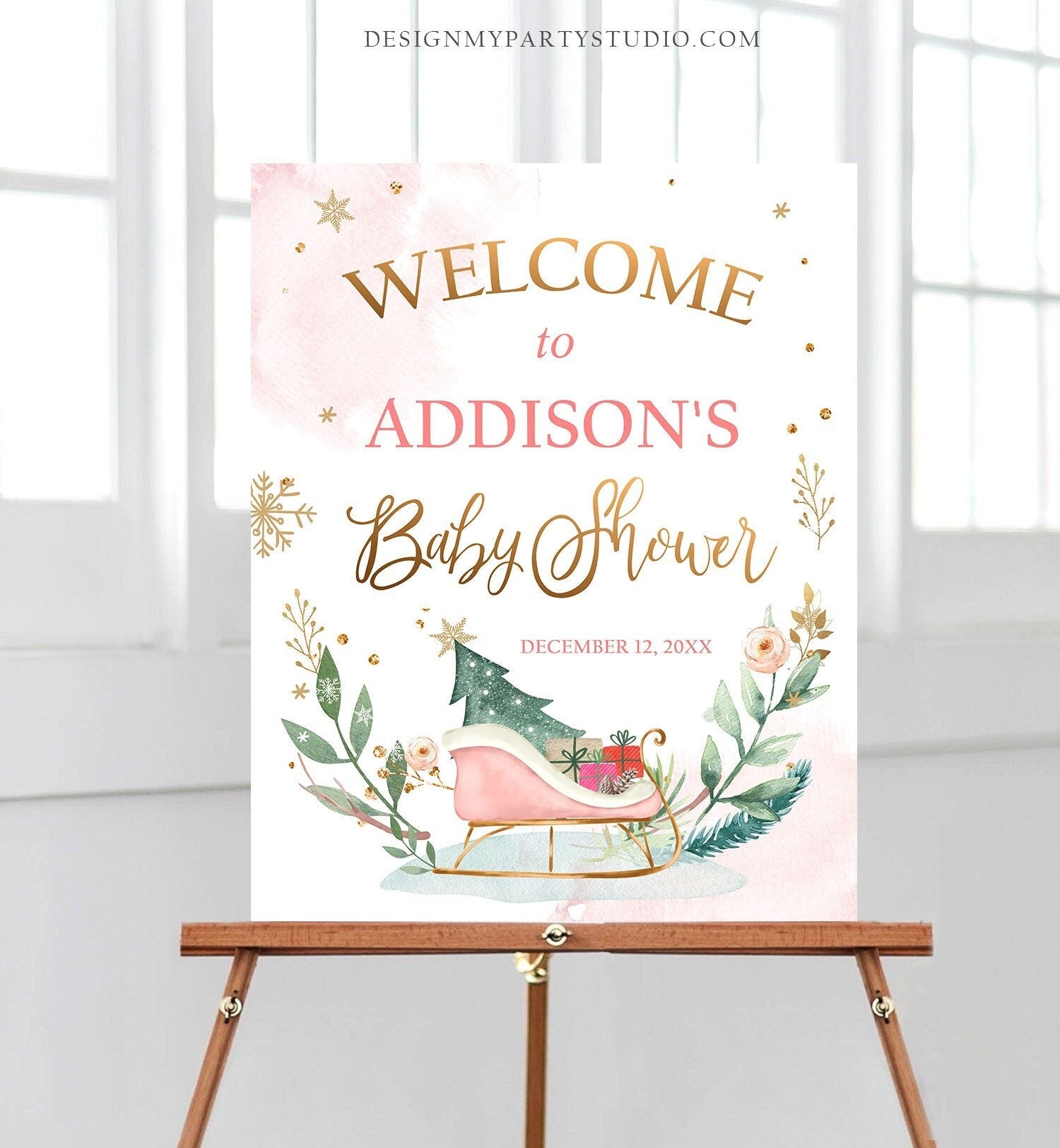 Editable Winter Baby Shower Welcome Sign Sleigh Baby Its Cold Outside Girl Pink Gold Christmas Digital Download Template Printable 0353
