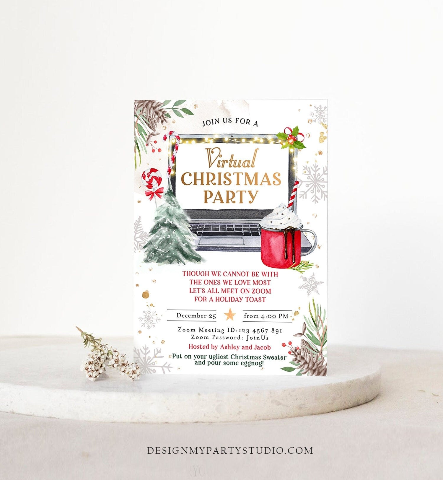 Editable Virtual Christmas Party Invitation Christmas Toast Zoom Laptop Online Meeting Digital Download Evite Template Printable 0356