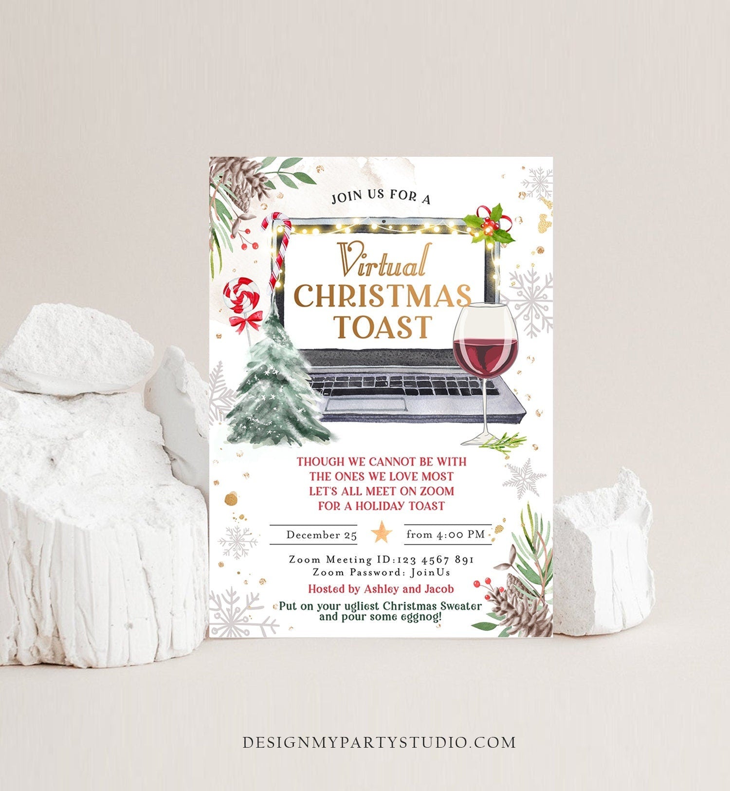 Editable Virtual Christmas Toast Invitation Christmas Party Zoom Invite Online Meeting Laptop Digital Download Evite Template Printable 0356